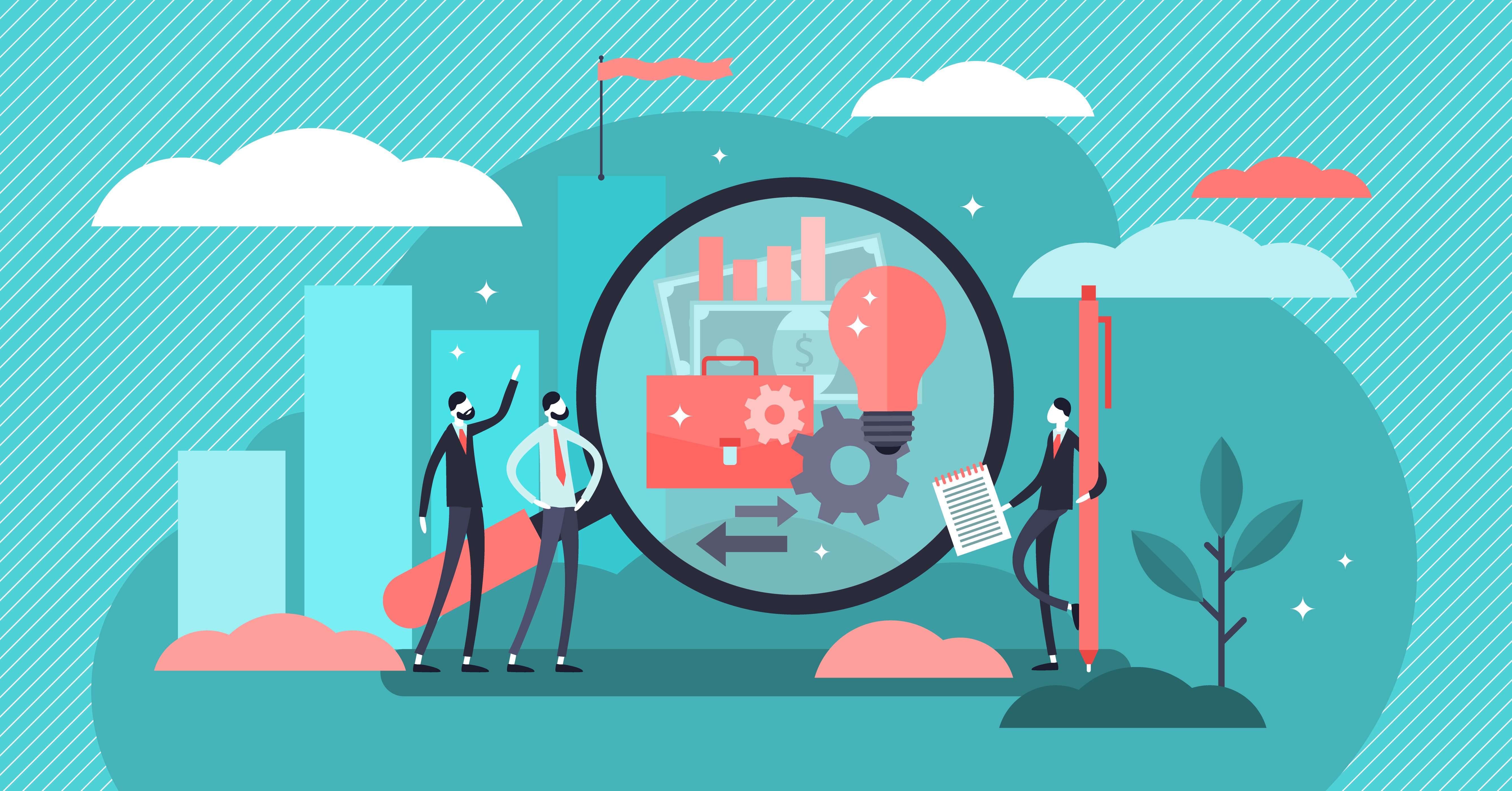 Illustration von Personen, die Geschäftsideen, Innovation und strategische Planung mithilfe von Datenanalysen und kreativen Konzepten entwickeln.