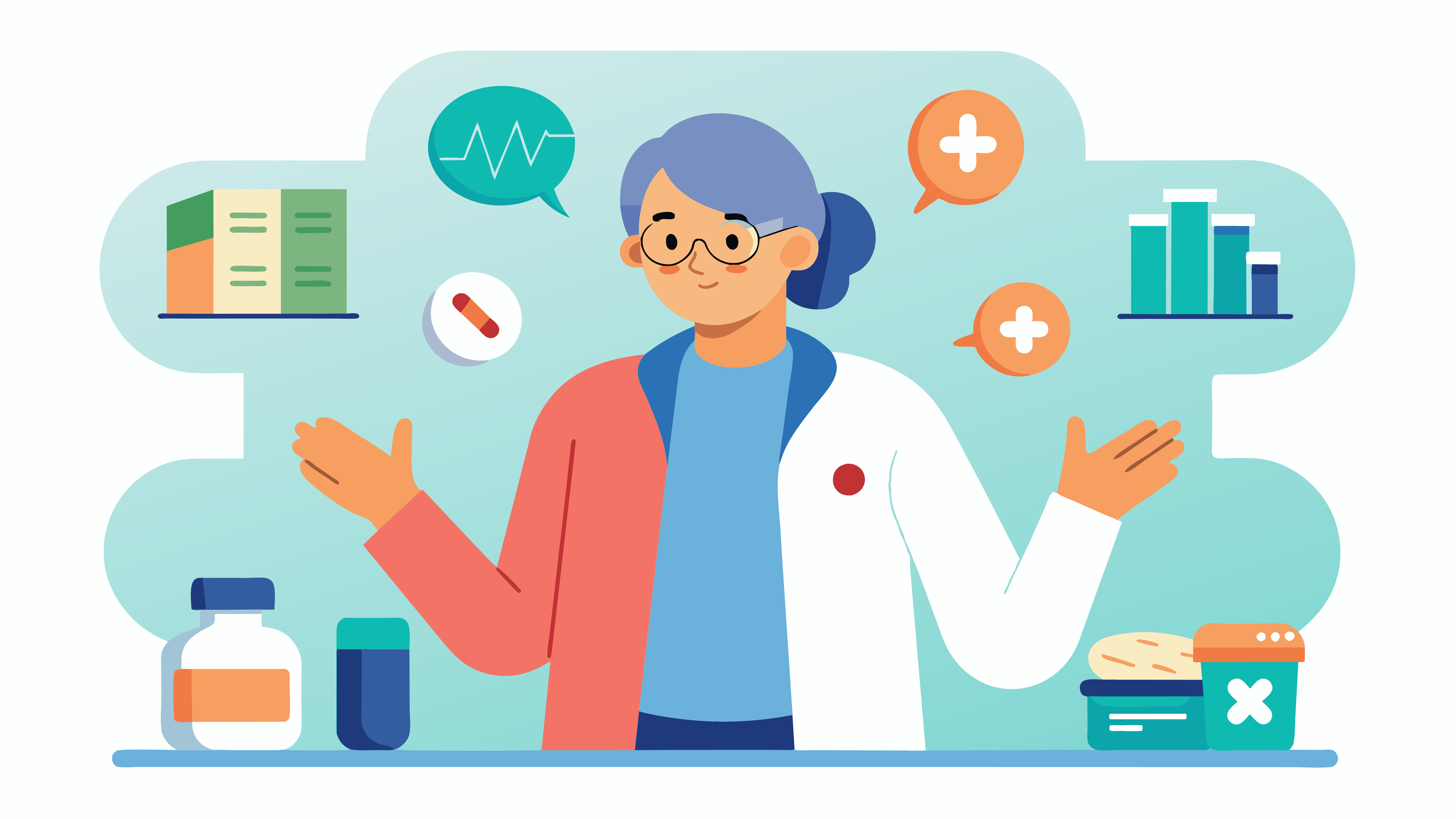 Stilisierte Illustration einer medizinischen Fachkraft im Zentrum, umgeben von Arzneimitteln, Medikamentenbehältern und Symbolen für Gesundheit. Sprechblasen mit Herzschlaglinie und Pluszeichen sowie verschiedene Medikamente veranschaulichen Beratung, Arzneimittelmanagement und pharmazeutische Versorgung.
