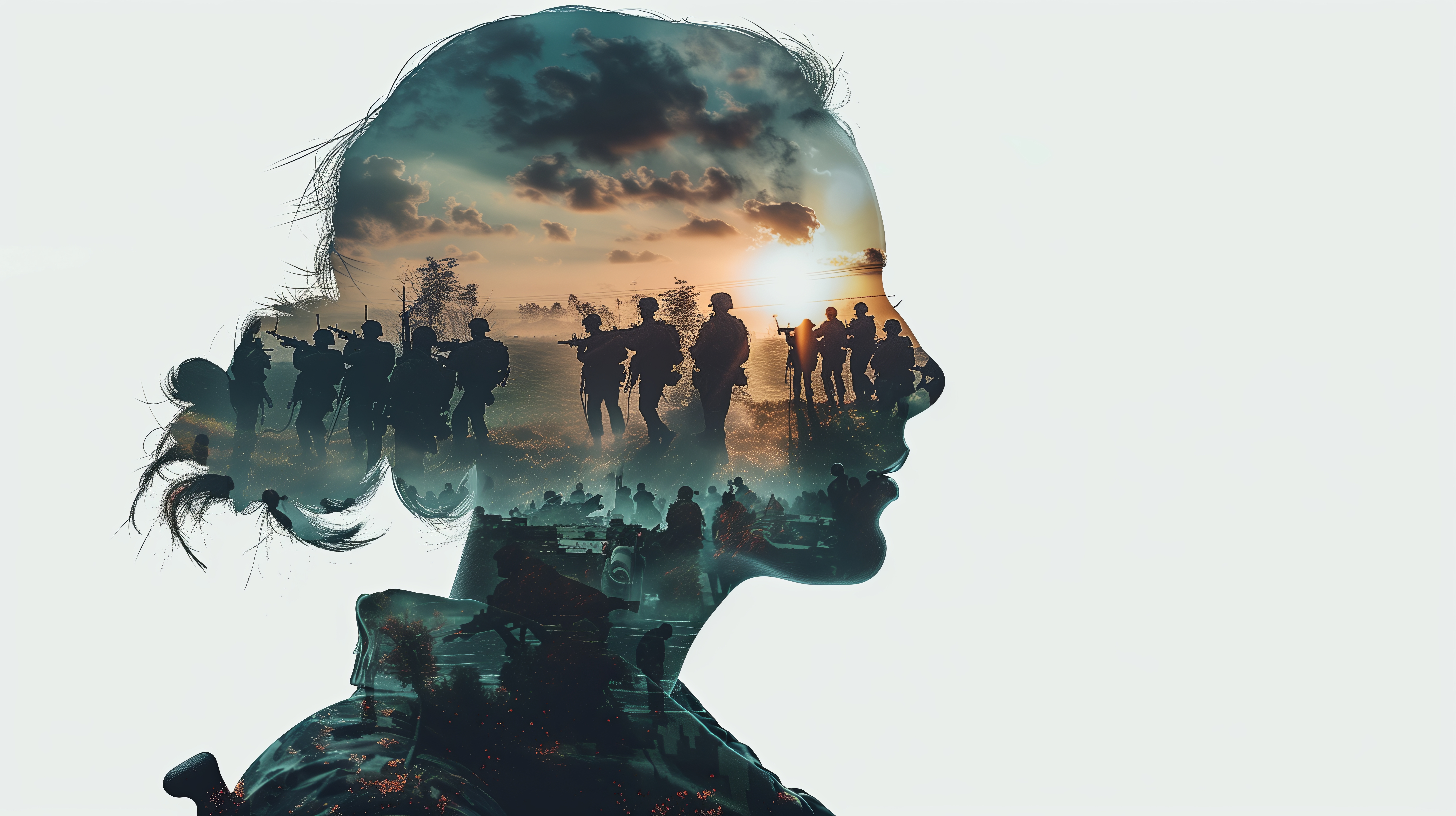 Doppelbelichtungsbild mit dem Profil einer Person, in dessen Silhouette Szenen von bewaffneten Gruppen, militärischen Aktivitäten und einer Landschaft bei Sonnenaufgang oder Sonnenuntergang sichtbar sind. Die künstlerische Darstellung verbindet äußere Konfliktereignisse mit inneren Gedankenwelten und symbolisiert die psychischen Auswirkungen von Krieg, Gewalt oder traumatischen Erlebnissen.