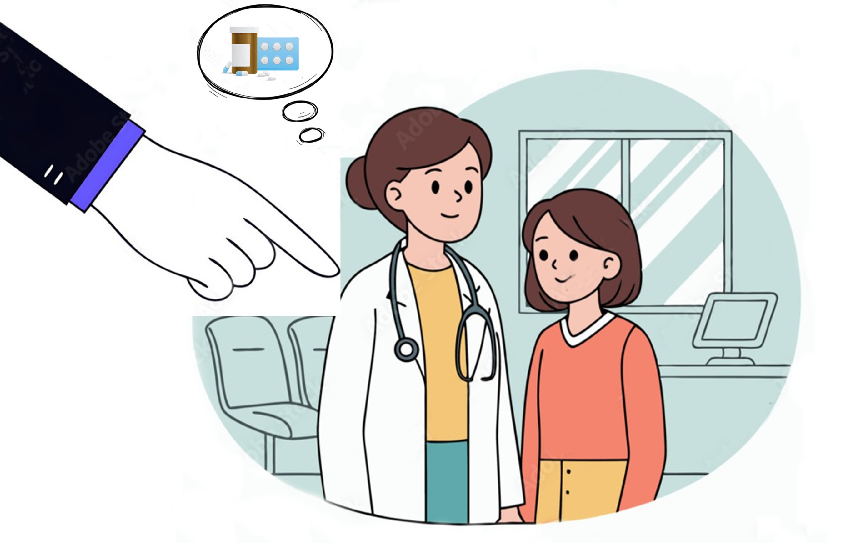 Illustration einer medizinischen Beratung mit einer jungen Patientin und einer medizinischen Fachkraft in einer Arztpraxis. Eine große Hand zeigt auf die Szene, während in einer Gedankenblase Medikamente dargestellt sind. Die Grafik symbolisiert gezielte Hinweise oder Entscheidungshilfen („Nudges“) zur Förderung einer informierten Arzneimittelanwendung und Gesundheitsversorgung.