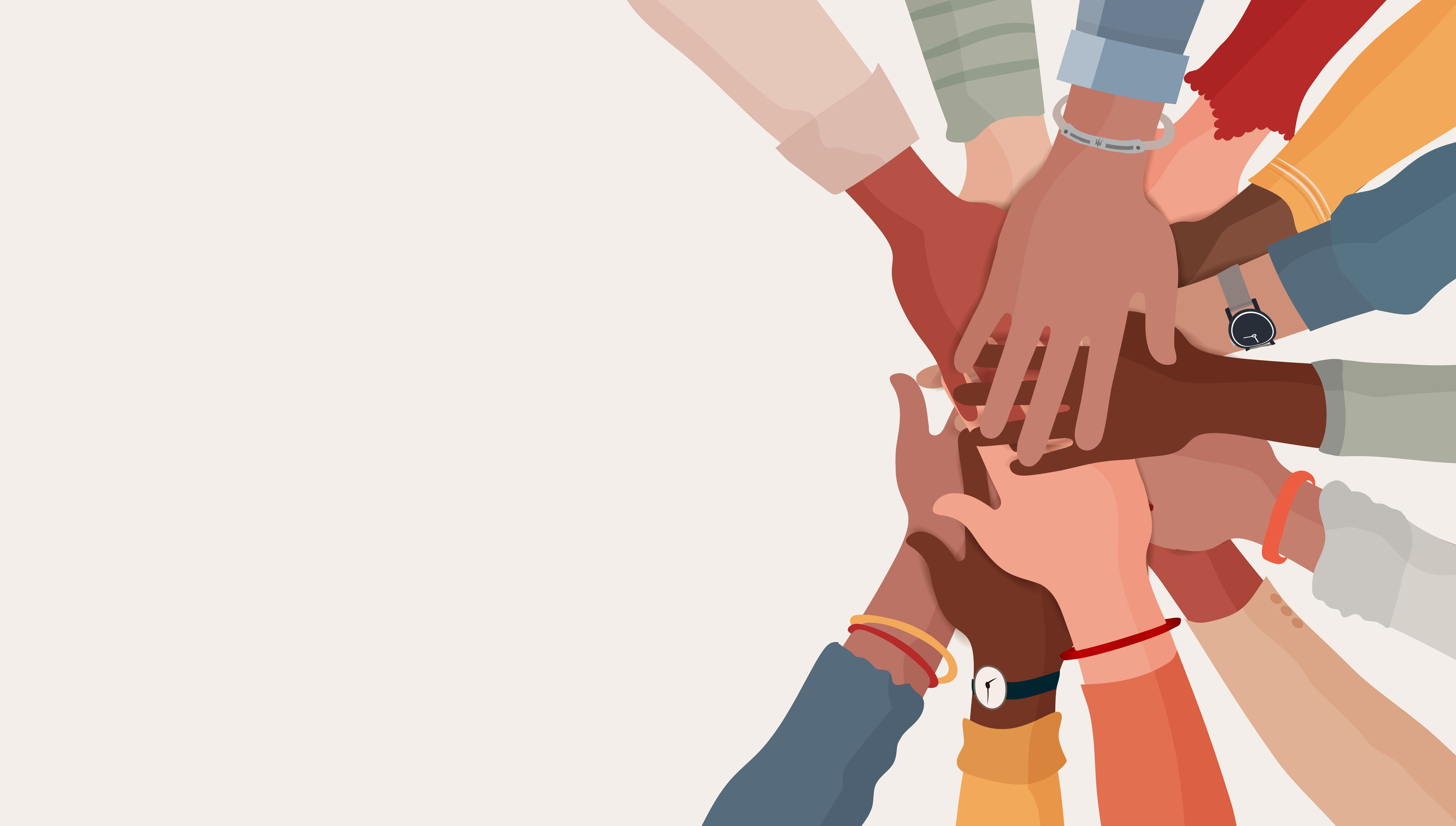 Illustration von Zusammenarbeit und Vielfalt: Mehrere Hände verschiedener Personen sind übereinander gestapelt und bilden ein gemeinsames Symbol für Teamarbeit, Zusammenhalt, Engagement und Kooperation. Die Grafik steht für gemeinschaftliches Handeln, Partnerschaft und den Austausch unterschiedlicher Perspektiven.