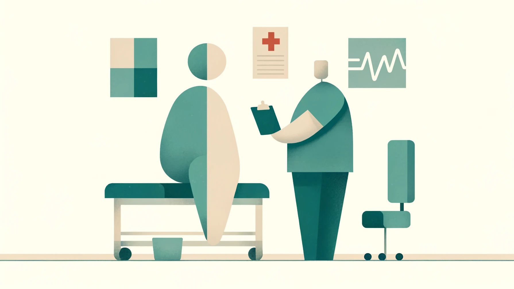 Stilisierte Illustration einer Person in einer Arztpraxis, die auf einer Untersuchungsliege sitzt, während eine medizinische Fachkraft mit einem Klemmbrett danebensteht. Im Hintergrund sind Symbole für Gesundheitsdaten und eine Herzkurve zu sehen. Die vereinfachte Darstellung thematisiert die medizinische Betreuung von Menschen mit Adipositas und weist auf die Bedeutung einer respektvollen, vorurteilsfreien Gesundheitsversorgung hin.
