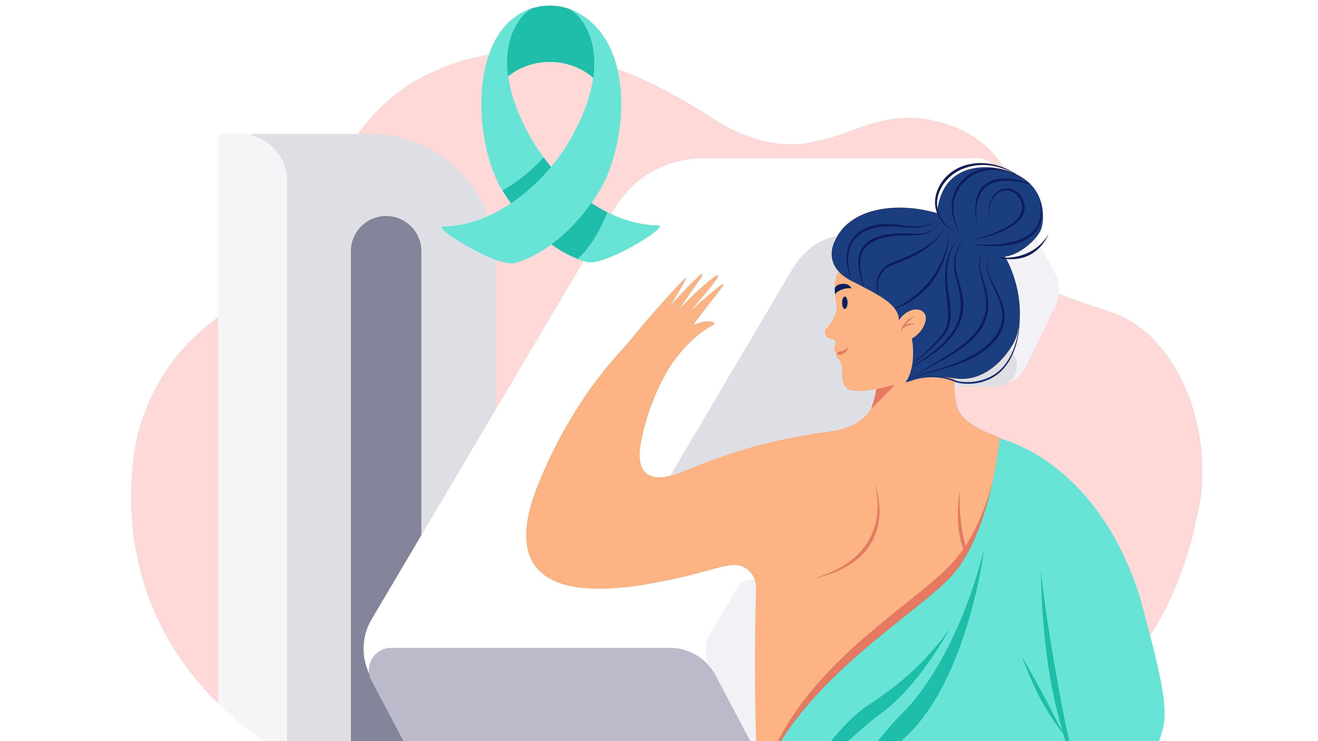 Illustration of a person undergoing a mammography examination, with a teal ribbon symbolizing breast cancer awareness and early detection.