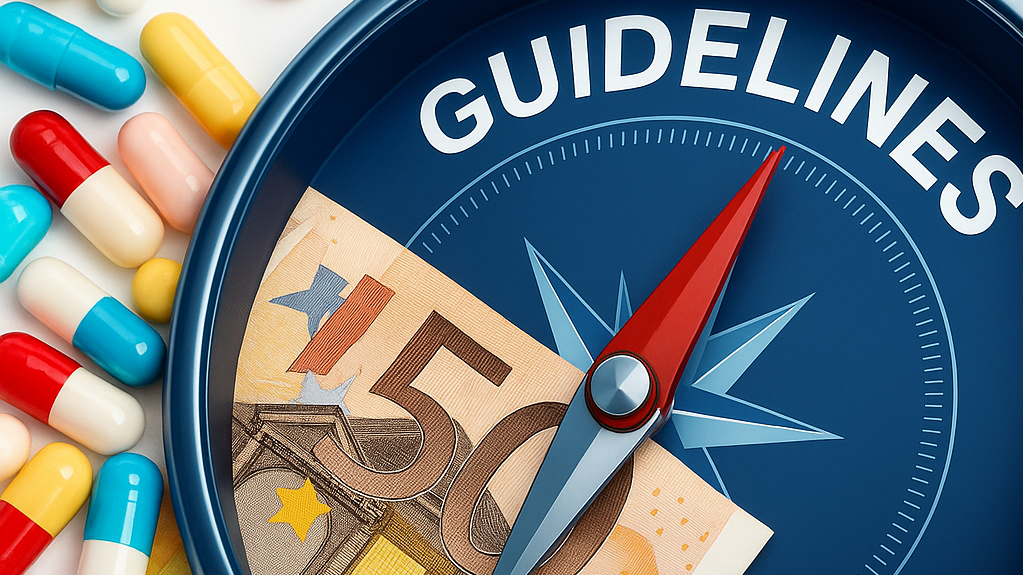 Illustration einer Kompassnadel auf einer Fläche mit der Aufschrift „Guidelines“. Die Kompassnadel zeigt auf einen 50-Euro-Schein, während rundherum verschiedene Tabletten und Kapseln liegen. Die Grafik symbolisiert die Orientierung an Leitlinien bei gesundheitsökonomischen Entscheidungen sowie die Abwägung von Arzneimittelkosten und evidenzbasierter Gesundheitsversorgung.