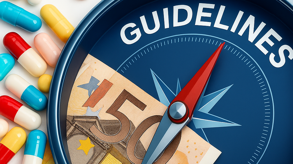 Illustration of a compass labeled “Guidelines.” The compass needle points toward a 50-euro banknote, while various tablets and capsules are arranged around it. The graphic symbolizes the role of guidelines in health economic decision-making and the consideration of medication costs alongside evidence-based healthcare.