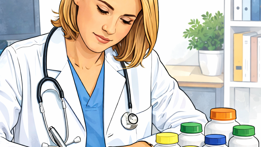 Illustration of a healthcare professional wearing a stethoscope and writing on a form. Several medication containers with different colored caps are placed on the desk. In the background, there is a shelf with binders and a potted plant. The graphic symbolizes medical documentation, medication management, and patient care.