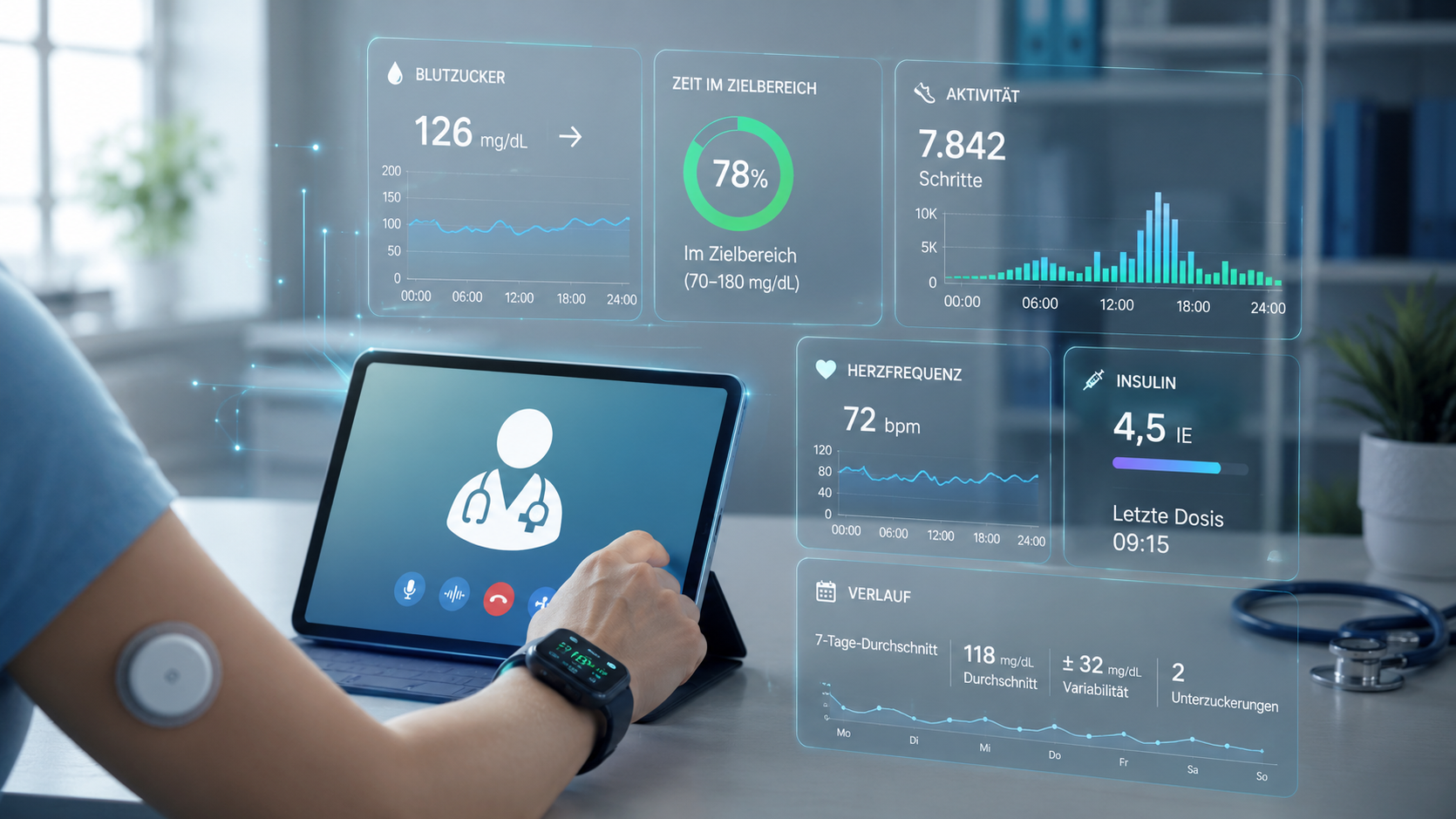 Person mit Glukosesensor am Oberarm nutzt eine Telemedizin-App auf einem Tablet. Eingeblendete Gesundheitsdaten zeigen Blutzucker, Zeit im Zielbereich, Aktivität, Herzfrequenz, Insulindosis und Verlauf.