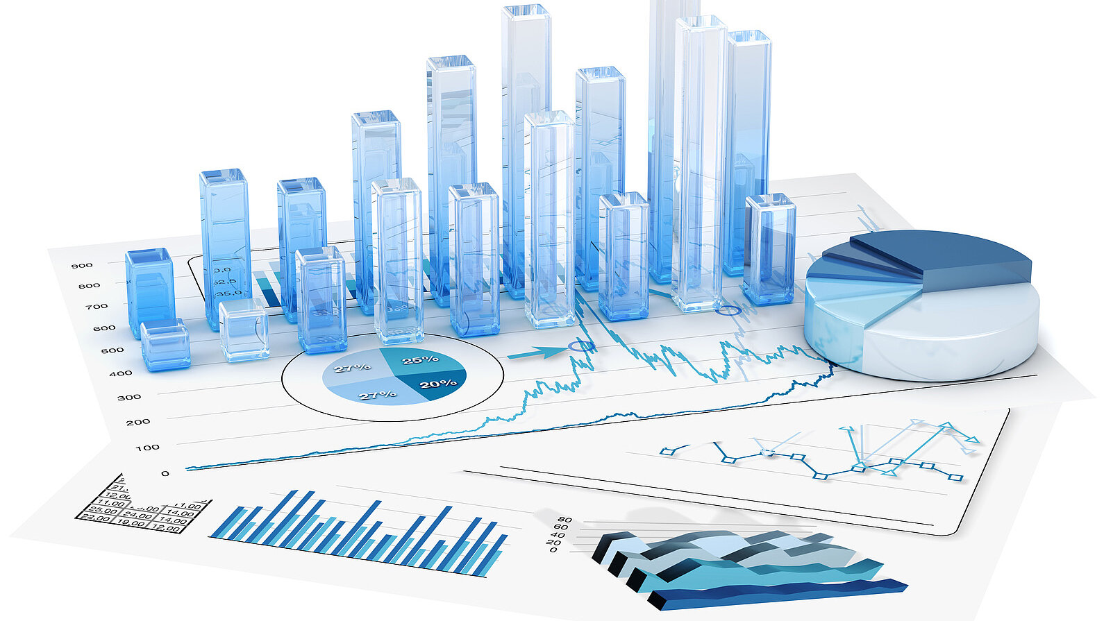 Darstellung verschiedener Diagramme und statistischer Auswertungen zur Analyse von Daten und Entwicklungen.