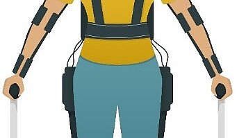 Illustration of a person using a robotic exoskeleton for mobility support and rehabilitation.