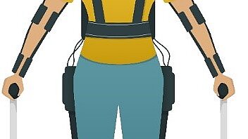 Illustration einer Person mit robotischem Exoskelett zur Unterstützung von Mobilität und Rehabilitation.