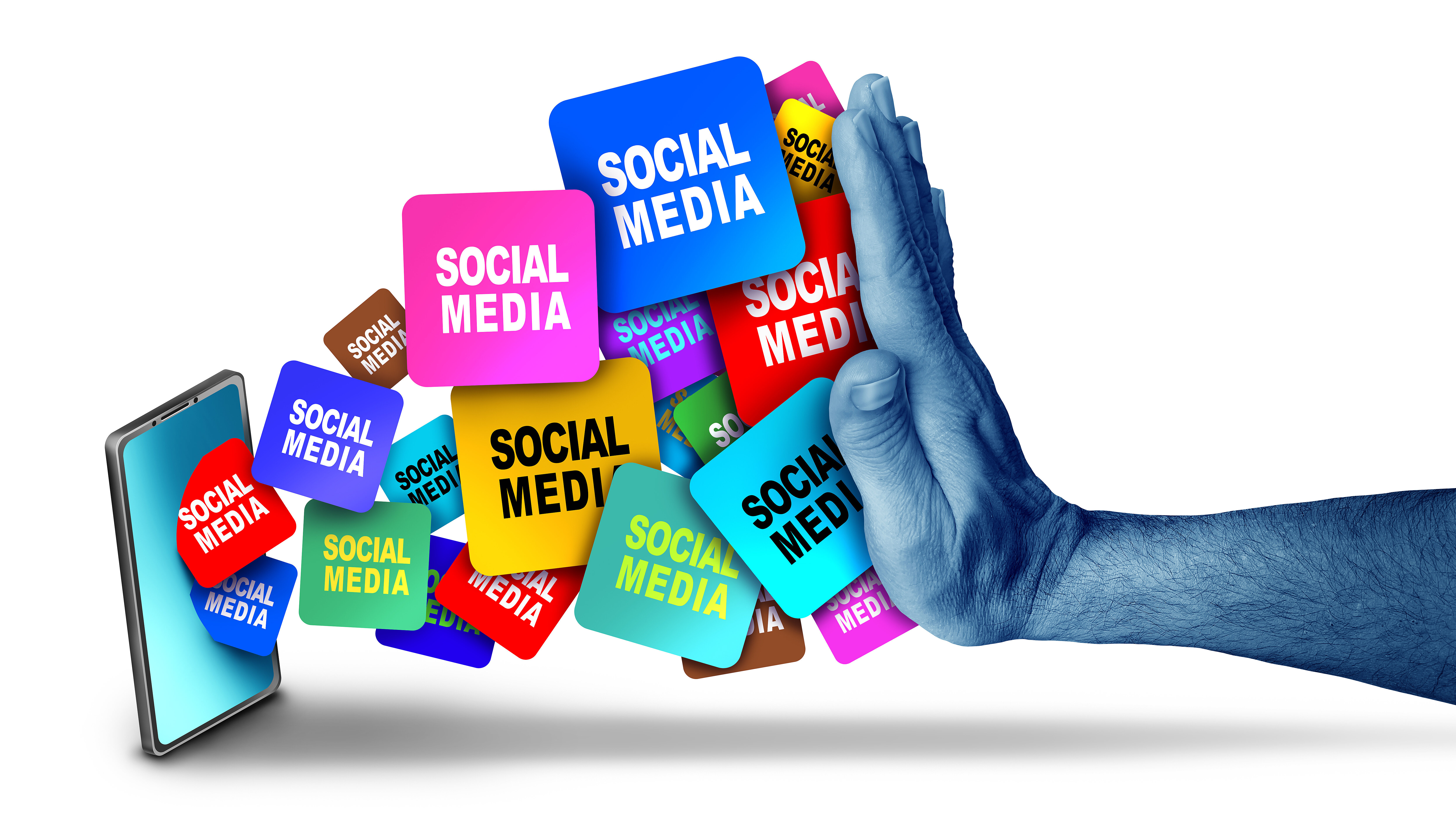 Illustration of a smartphone from which numerous social media icons are emerging. An outstretched hand blocks the icons with a stop gesture. The graphic symbolizes the restriction or regulation of social media content, the controlled use of digital platforms, and efforts to prevent information overload or unwanted online content.