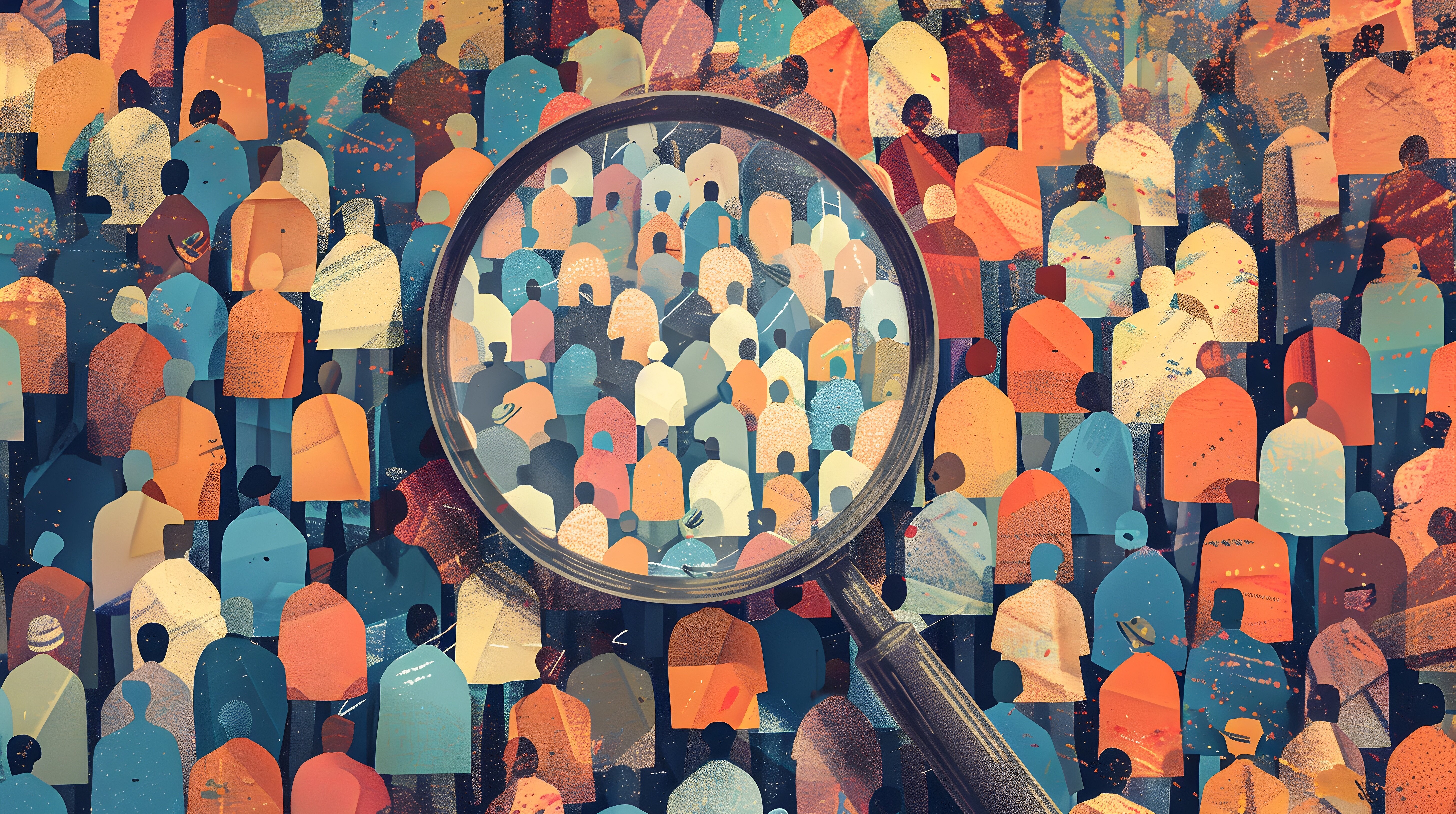 Artistic illustration of a large crowd composed of stylized human figures in various colors and shapes. A magnifying glass at the center highlights a section of the crowd, making individual people more visible. The image symbolizes population analysis, health research, patient cohorts, data analytics, or the identification of specific target groups within a larger population.