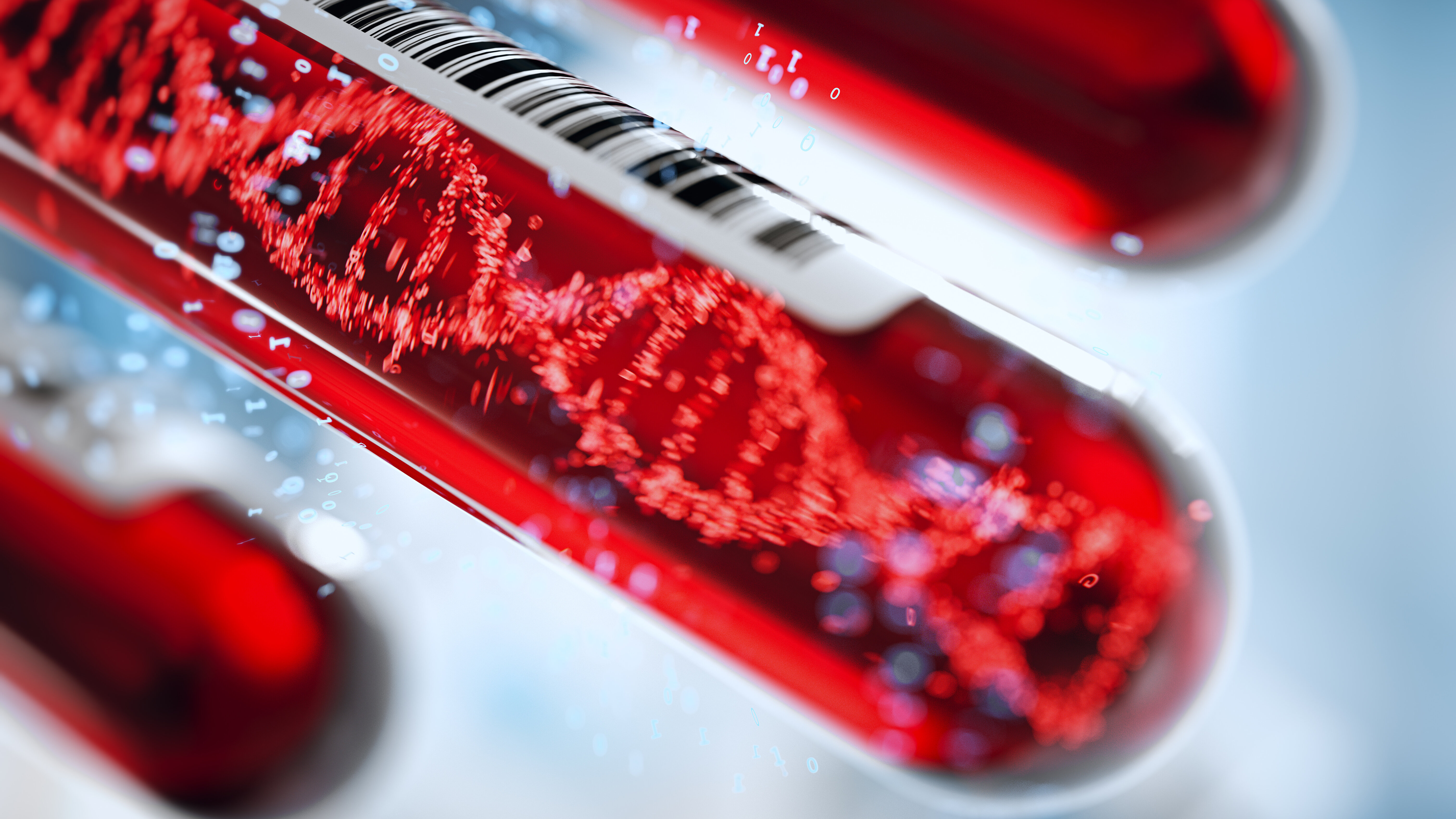 Test tubes containing blood samples and a DNA structure, representing genetic research and molecular diagnostics.