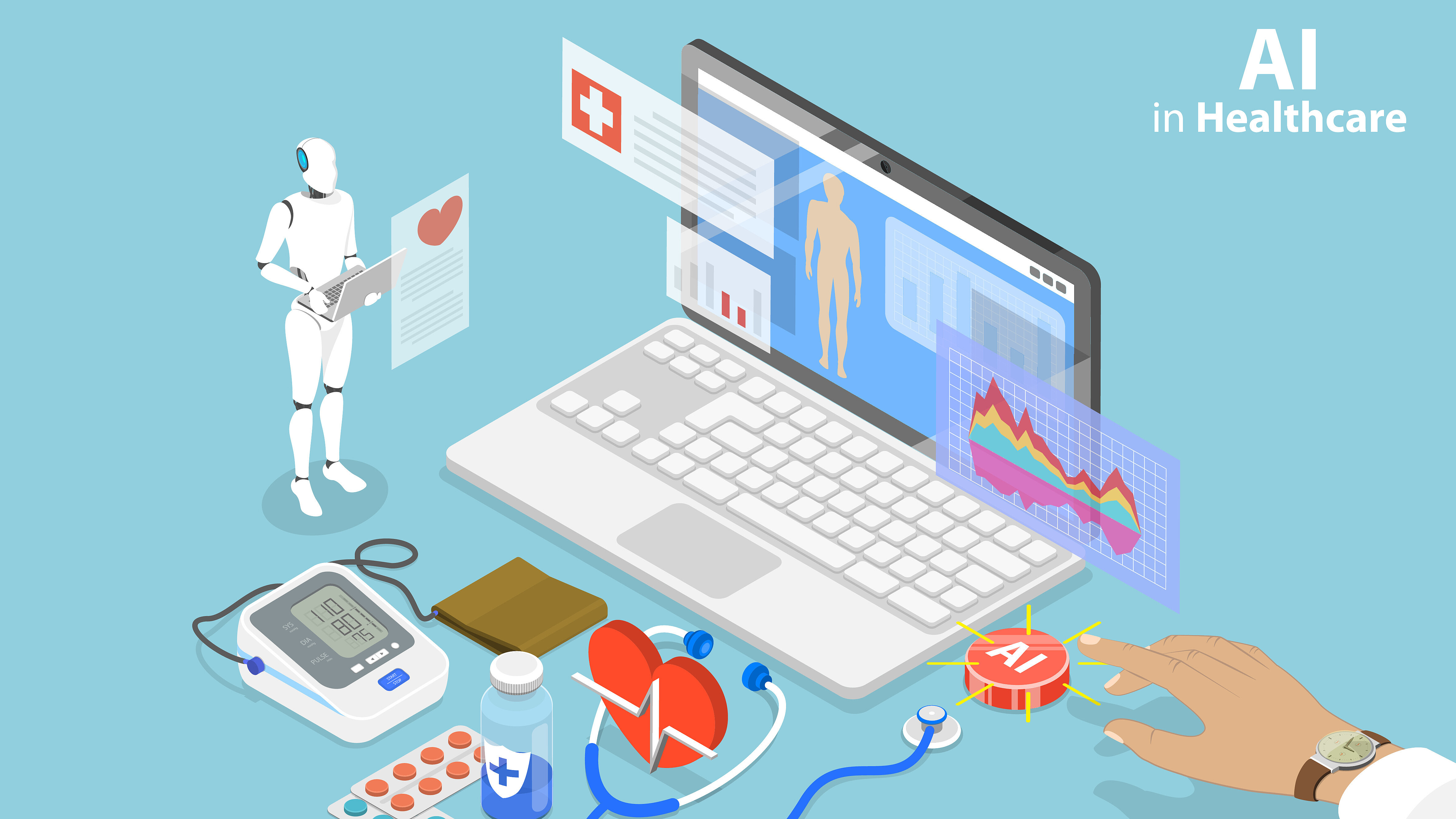 sometrische Illustration zum Einsatz von künstlicher Intelligenz im Gesundheitswesen. Ein Laptop zeigt medizinische Daten, Gesundheitsdiagramme und die Darstellung eines menschlichen Körpers. Daneben sind ein humanoider Roboter, ein Blutdruckmessgerät, Medikamente, ein Stethoskop und ein Herzsymbol dargestellt. Eine Hand betätigt eine Schaltfläche mit der Aufschrift „AI“. Die Grafik veranschaulicht die Nutzung von KI zur Analyse von Gesundheitsdaten und zur Unterstützung medizinischer Entscheidungen.