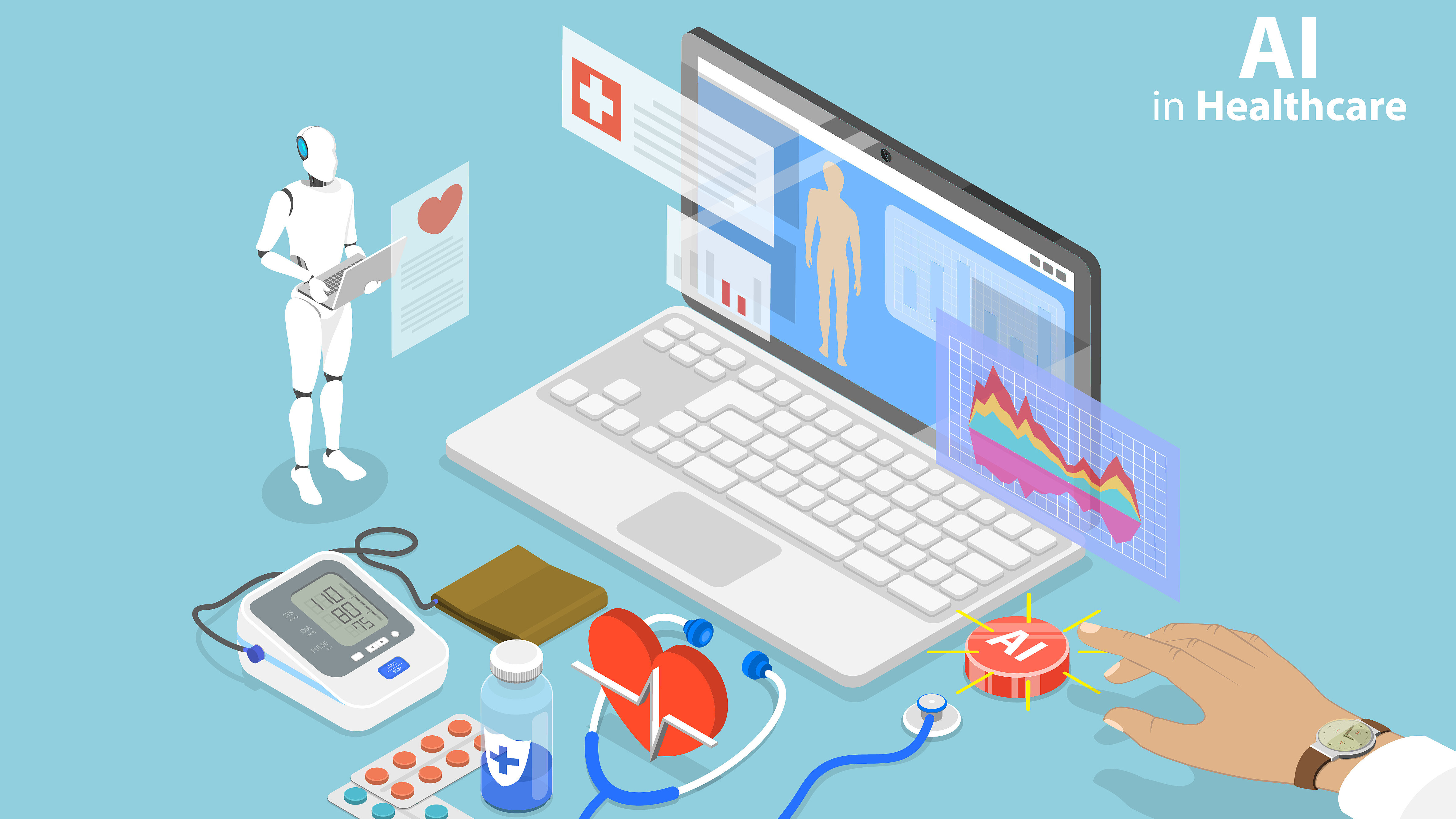 Isometrische Illustration zum Einsatz von künstlicher Intelligenz im Gesundheitswesen. Ein Laptop zeigt medizinische Daten, Gesundheitsdiagramme und die Darstellung eines menschlichen Körpers. Daneben sind ein humanoider Roboter, ein Blutdruckmessgerät, Medikamente, ein Stethoskop und ein Herzsymbol dargestellt. Eine Hand betätigt eine Schaltfläche mit der Aufschrift „AI“. Die Grafik veranschaulicht die Nutzung von KI zur Analyse von Gesundheitsdaten und zur Unterstützung medizinischer Entscheidungen.