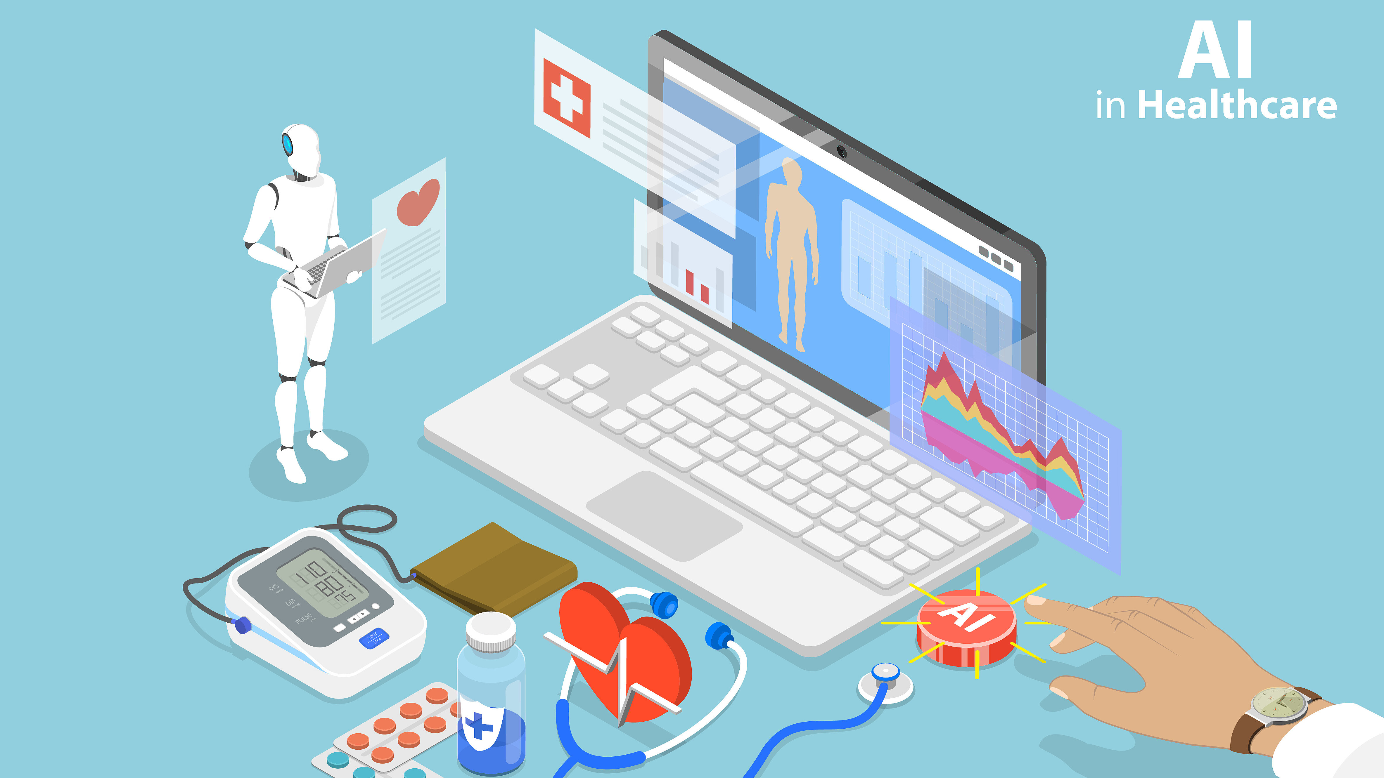 Isometric illustration of artificial intelligence in healthcare. A laptop displays medical data, health analytics charts, and a human body diagram. Nearby are a humanoid robot, a blood pressure monitor, medications, a stethoscope, and a heart symbol. A hand presses a button labeled “AI.” The graphic illustrates the use of AI for health data analysis and decision support in medical care.