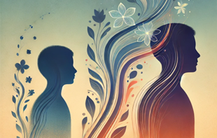 Stilisierte Illustration zweier menschlicher Silhouetten in unterschiedlichen Größen, die von dekorativen Pflanzen- und Blütenmotiven umgeben sind. Die Figuren sind durch fließende Linien und florale Elemente miteinander verbunden. Die Farbgestaltung in Blau-, Beige- und Orangetönen vermittelt das Thema Entwicklung, Übergang und Wachstum.
