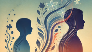 Stylized illustration of two human silhouettes of different sizes surrounded by decorative floral and botanical motifs. Flowing lines and plant elements visually connect the figures. The blue, beige, and orange color palette conveys themes of development, transition, continuity, and personal growth.