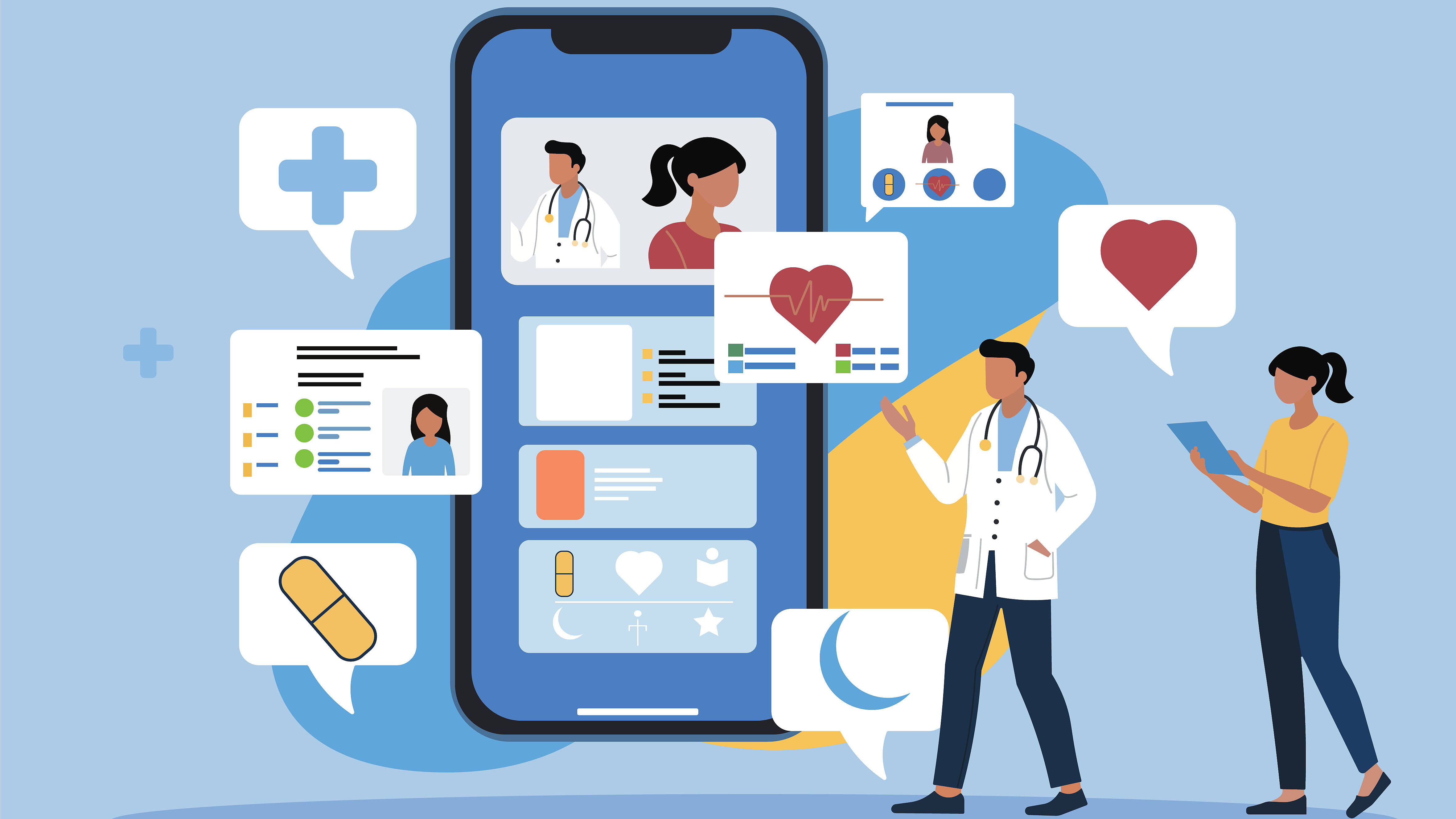 Illustration of digital healthcare services: A large smartphone displays various health and patient information. Surrounding the smartphone are medical symbols such as a cross, heart, bandage, medication capsule, and moon icon. Several people interact with health-related data on mobile devices. The graphic represents telemedicine, electronic health records, and mobile health applications.