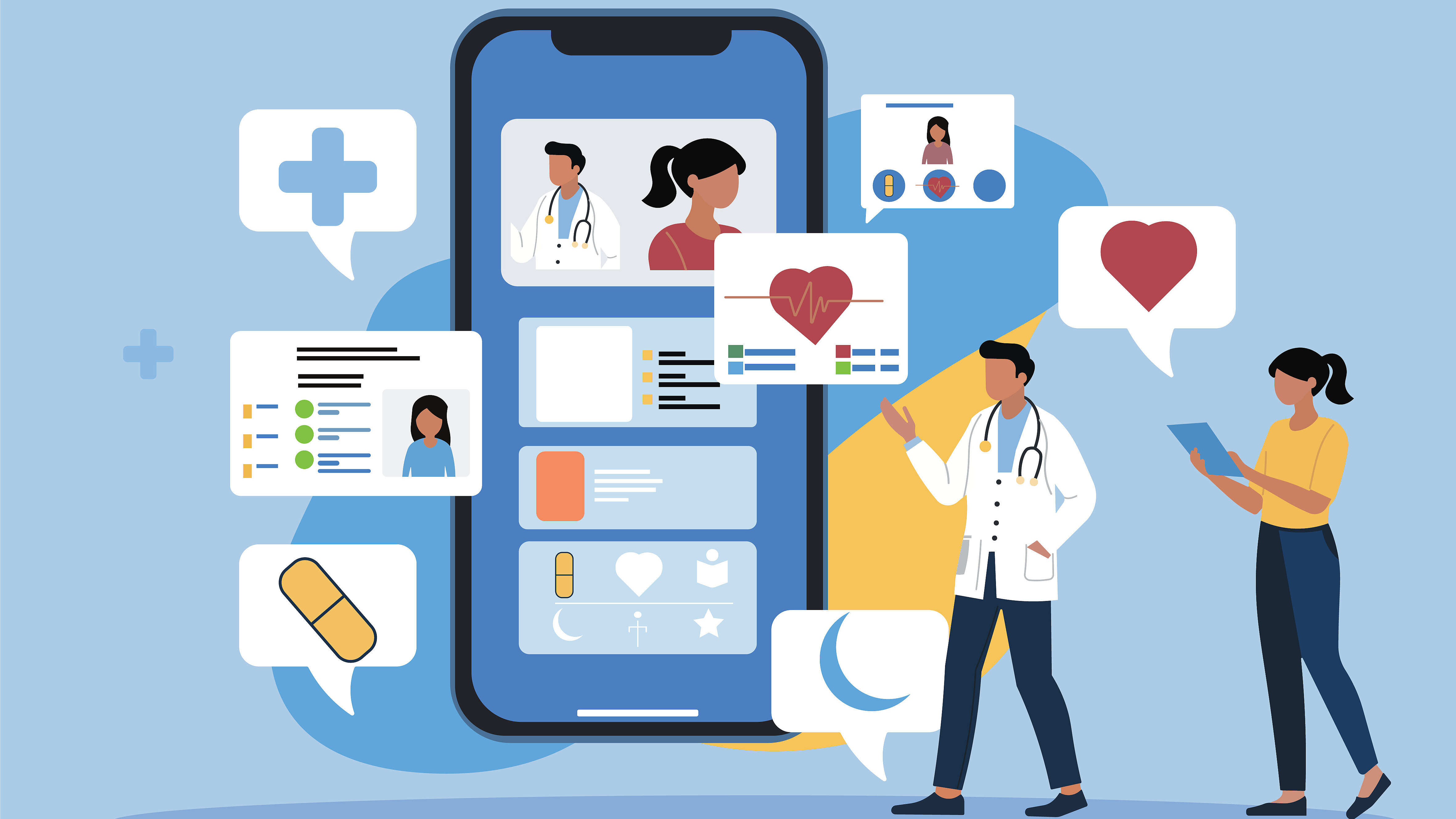Illustration zum Thema digitale Gesundheitsversorgung: Ein großes Smartphone zeigt verschiedene Gesundheits- und Patientendaten. Um das Smartphone herum befinden sich medizinische Symbole wie ein Kreuz, ein Herz, ein Pflaster, eine Medikamentenkapsel und ein Mondsymbol. Mehrere Personen interagieren mit den angezeigten Gesundheitsinformationen auf mobilen Geräten. Die Grafik visualisiert Telemedizin, digitale Patientenakten und mobile Gesundheitsanwendungen.