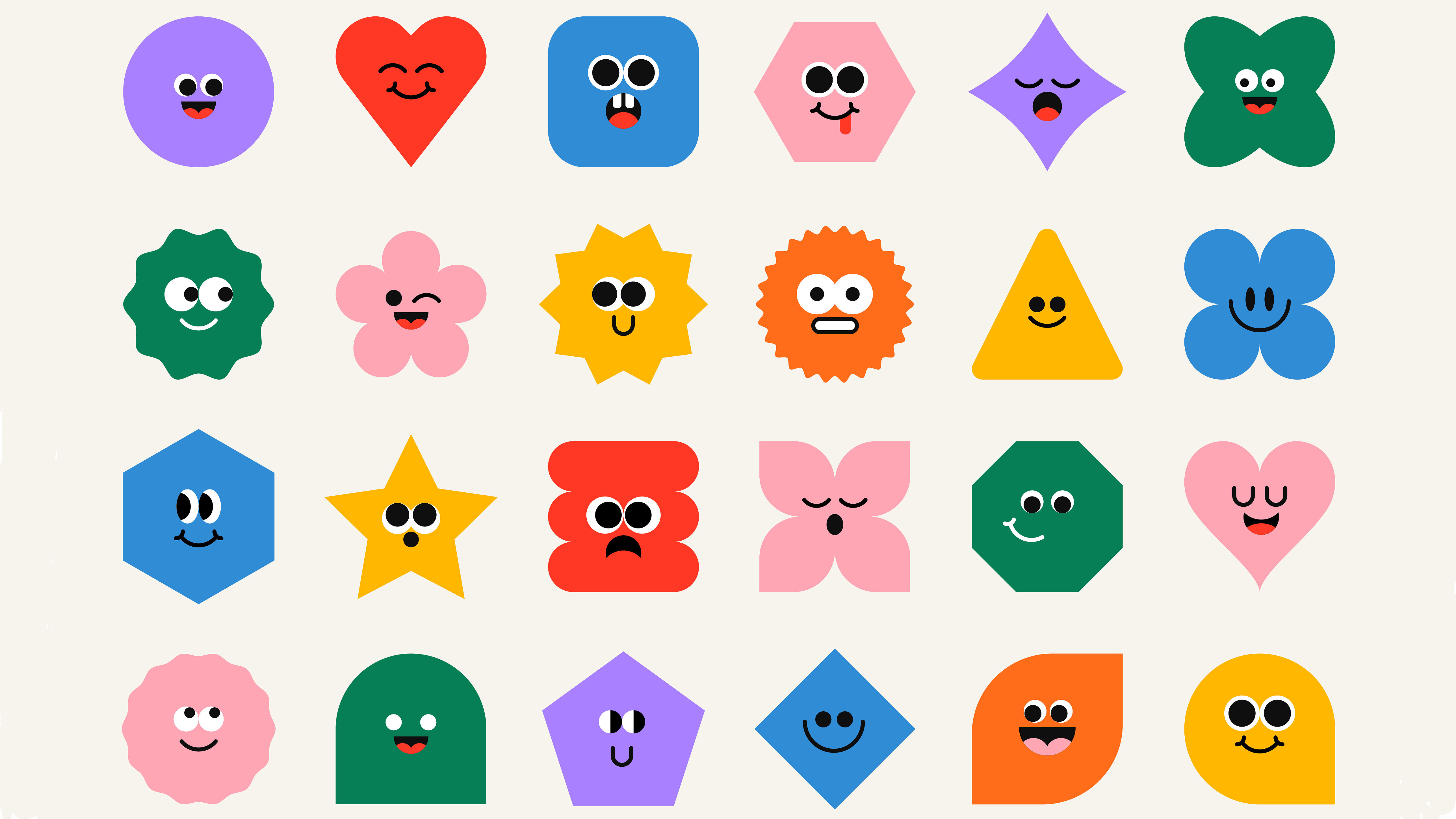 24 colourful figures with different shapes and facial expressions. Symbol of diversity and different emotions.