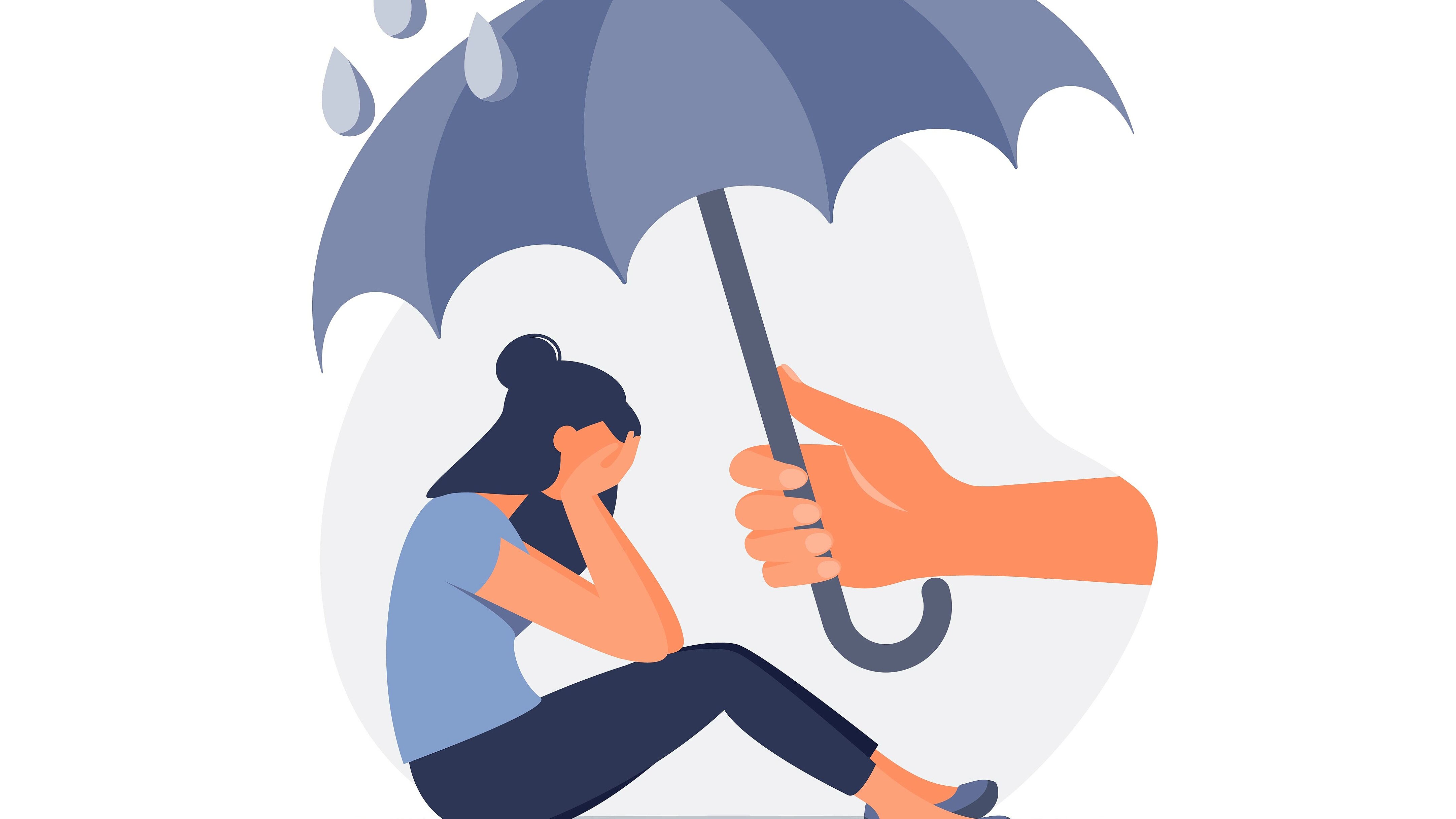 Illustration einer sitzenden Person, die von einem schützenden Regenschirm abgeschirmt wird. Das Bild symbolisiert psychische Gesundheit, Unterstützung und Schutz in belastenden Lebenssituationen.