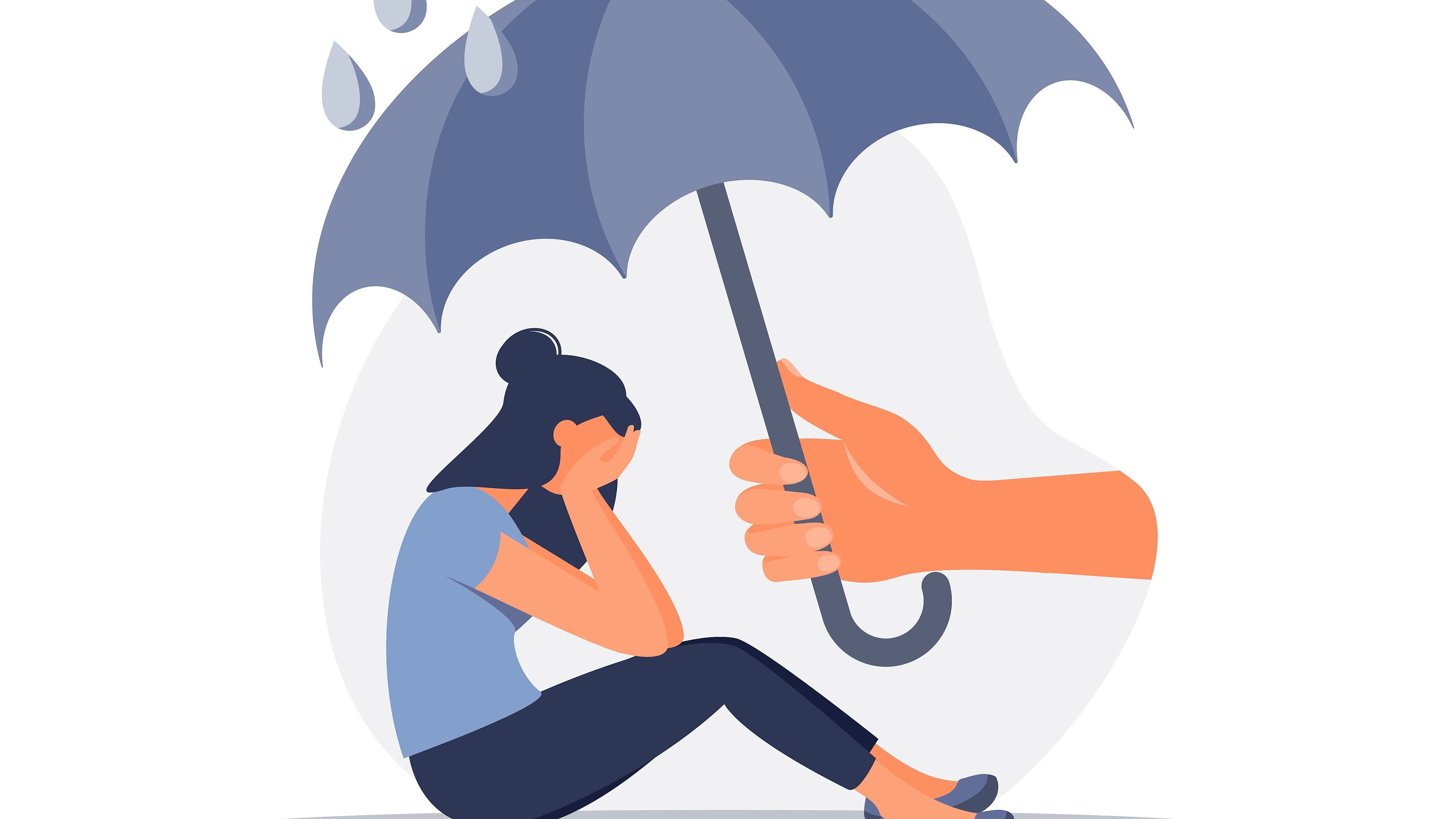 Illustration of a seated person sheltered by a protective umbrella, symbolizing mental health support and protection during challenging times.