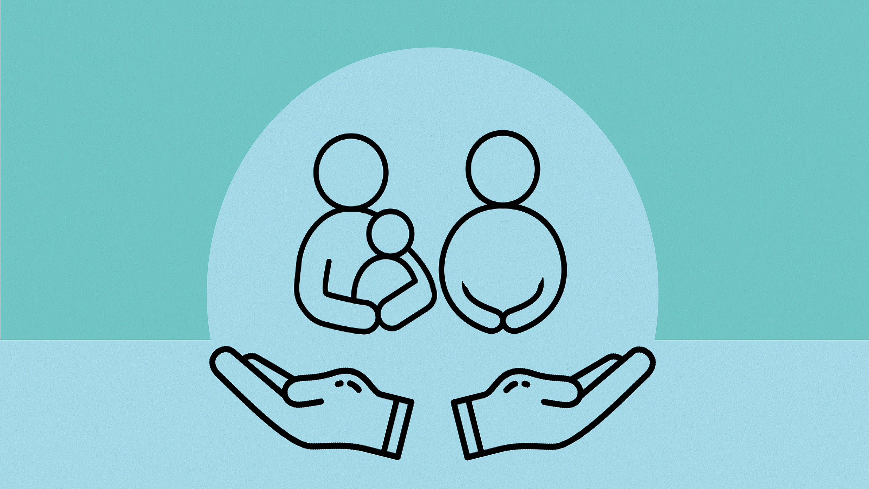 Symbolgrafik zur Unterstützung von Familien: Zwei gezeichnete Hände schützen eine Familie mit Kind sowie eine schwangere Person.