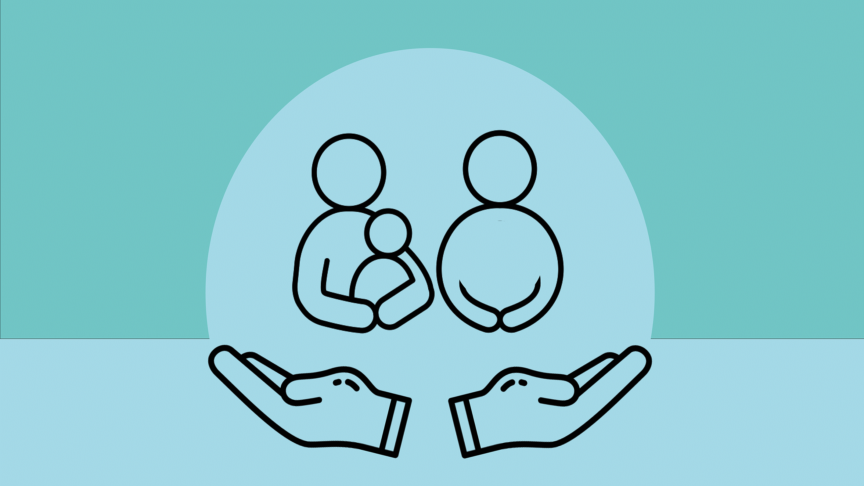 Symbolic illustration of family support: two hands protecting a family with a child and a pregnant person.