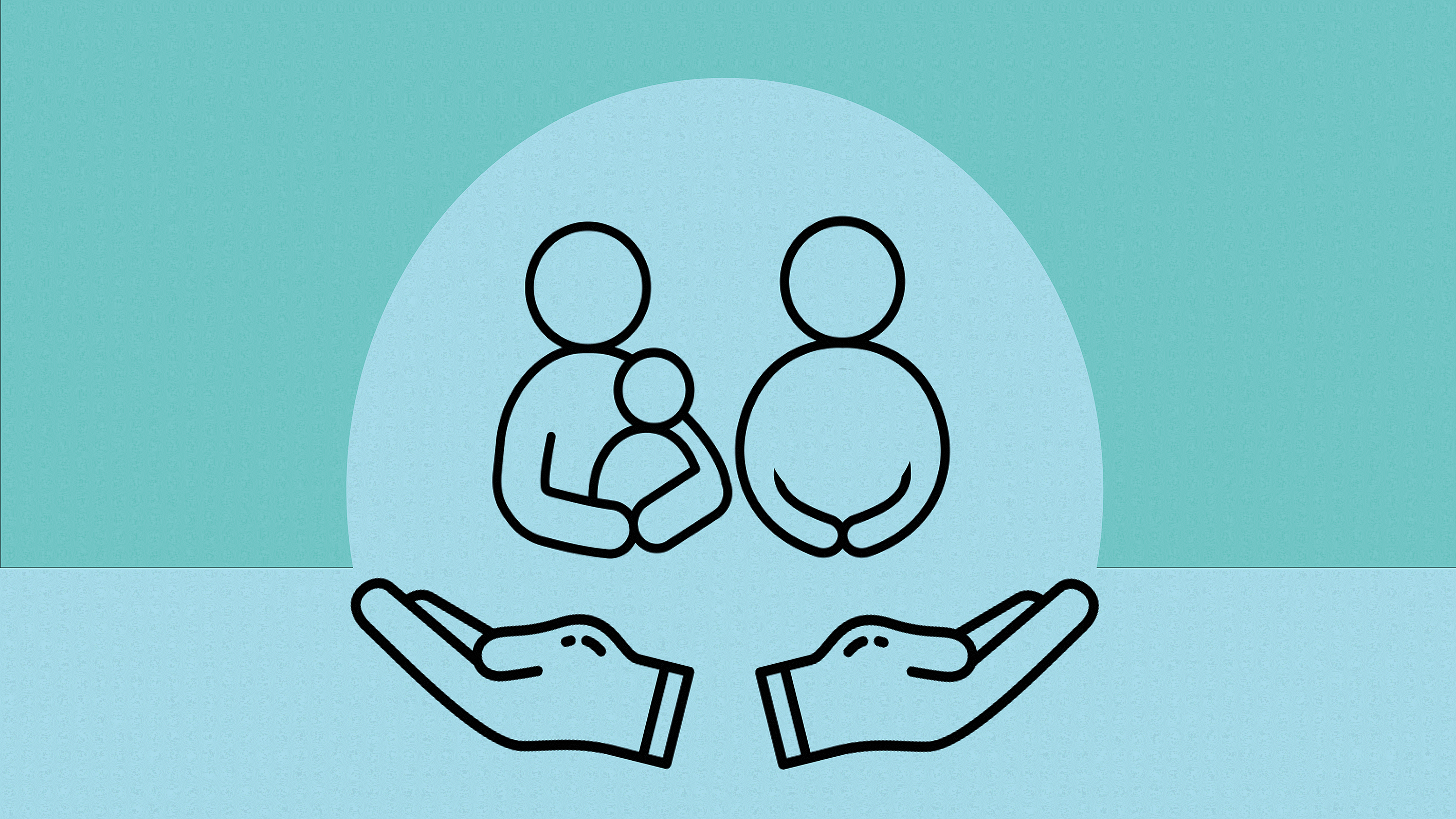 Symbolic illustration of family support: two hands protecting a family with a child and a pregnant person.