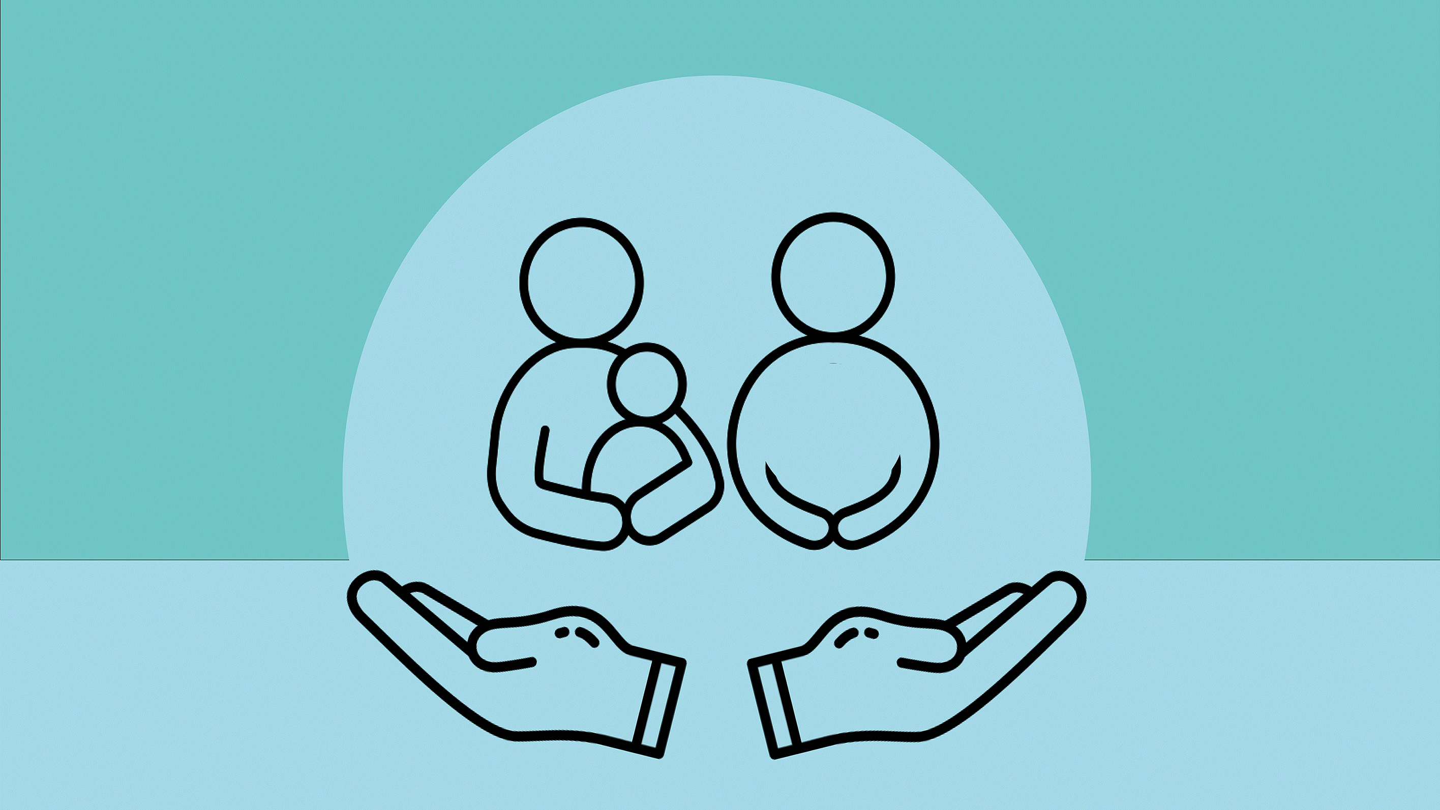 Symbolgrafik zur Unterstützung von Familien: Zwei gezeichnete Hände schützen eine Familie mit Kind sowie eine schwangere Person.