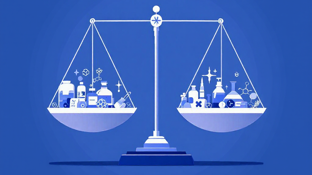 Stilisierte Illustration einer Waage, deren beide Waagschalen mit verschiedenen Arzneimitteln, Laborgefäßen und wissenschaftlichen Symbolen gefüllt sind. Die Waage befindet sich im Gleichgewicht und symbolisiert die vergleichende Bewertung von Medikamenten, den Abwägungsprozess von Nutzen und Risiken sowie evidenzbasierte Entscheidungen im Gesundheitswesen.