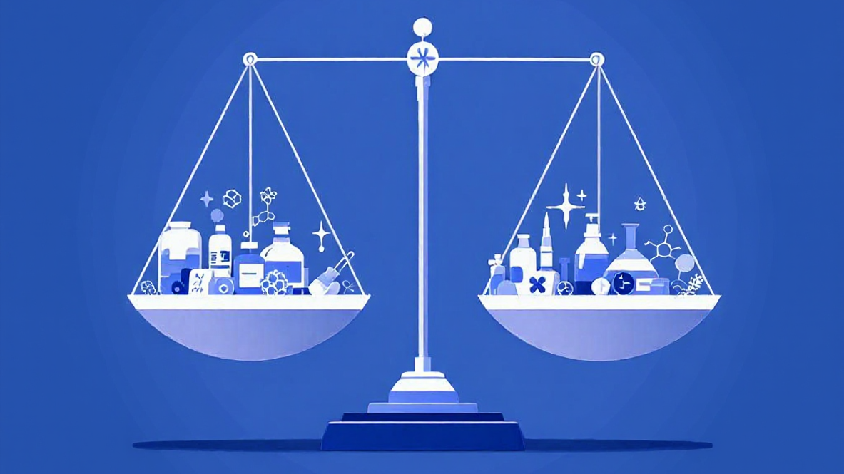 Stylized illustration of a balance scale with both pans filled with various medicines, laboratory vessels, and scientific symbols. The scale is evenly balanced, symbolizing the comparative assessment of medicinal products, the weighing of benefits and risks, and evidence-based decision-making in healthcare.