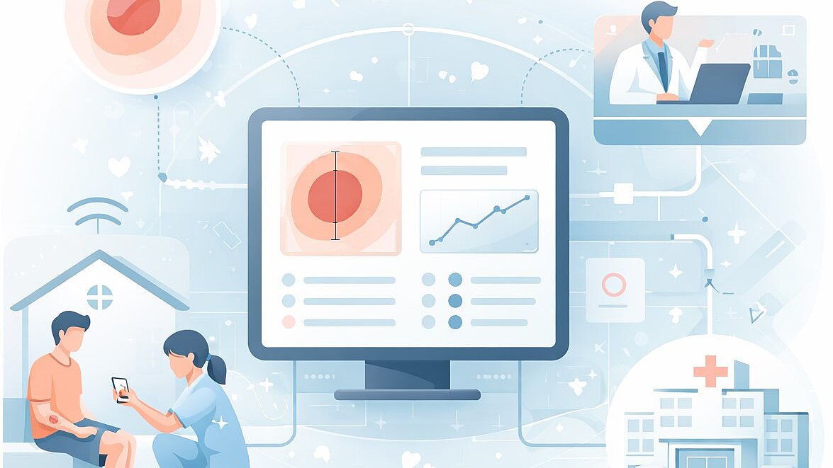 Illustration of digital wound care: A central monitor displays the analysis of a skin or wound image, including measurements and charts. On the left, a healthcare professional examines a person using a mobile device. Additional icons represent telemedicine, home care, virtual consultations, and connectivity with healthcare facilities. The graphic illustrates digital wound monitoring and assessment, as well as the exchange of health data between patients, healthcare professionals, and hospitals.  Geben Sie Ihr Feedback zu BizChat ab.