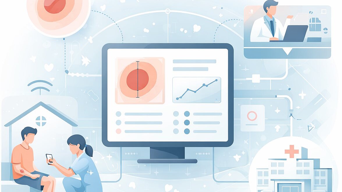 Illustration zur digitalen Wundversorgung: In der Mitte zeigt ein Monitor die Analyse einer Haut- oder Wundaufnahme mit Messdaten und Diagrammen. Links untersucht medizinisches Fachpersonal eine Person mithilfe eines mobilen Geräts. Weitere Symbole stellen Telemedizin, häusliche Versorgung, virtuelle Arztkonsultationen und die Vernetzung mit Gesundheitseinrichtungen dar. Die Grafik verdeutlicht die digitale Überwachung und Bewertung von Wunden sowie den Austausch von Gesundheitsdaten zwischen Patientinnen und Patienten, medizinischem Personal und Kliniken.