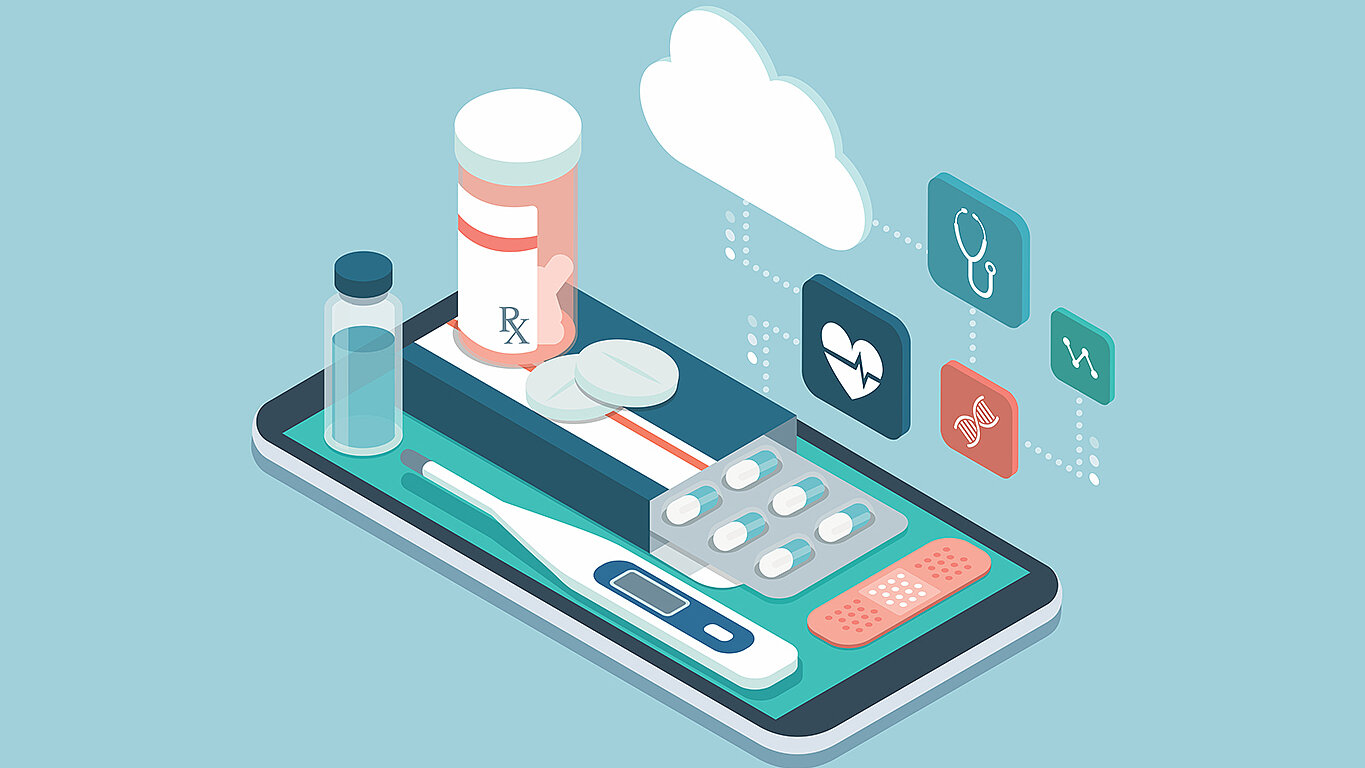 Illustration einer digitalen Gesundheitsplattform mit Medikamenten, Diagnostik und vernetzten Gesundheitsdaten.