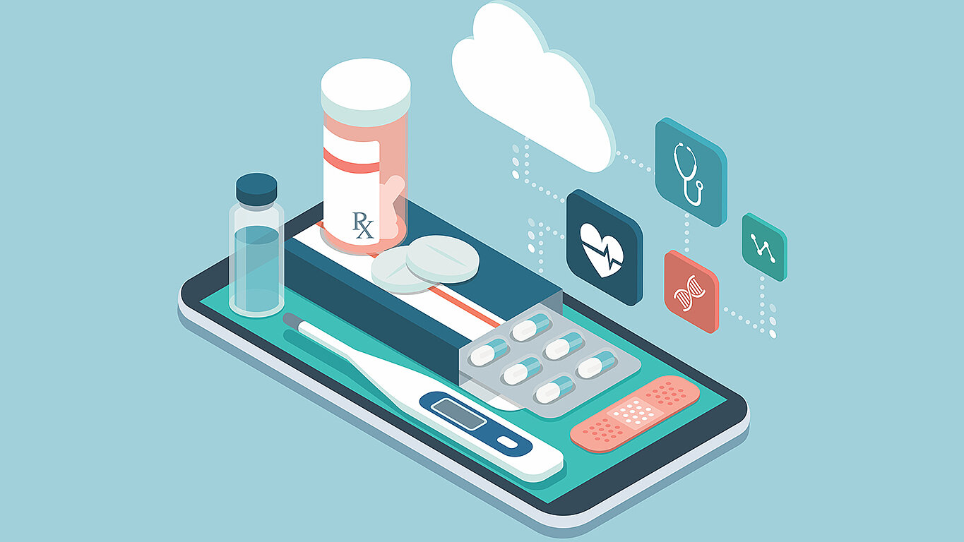 Illustration of digital healthcare featuring medication, medical devices, and cloud-based data sharing.