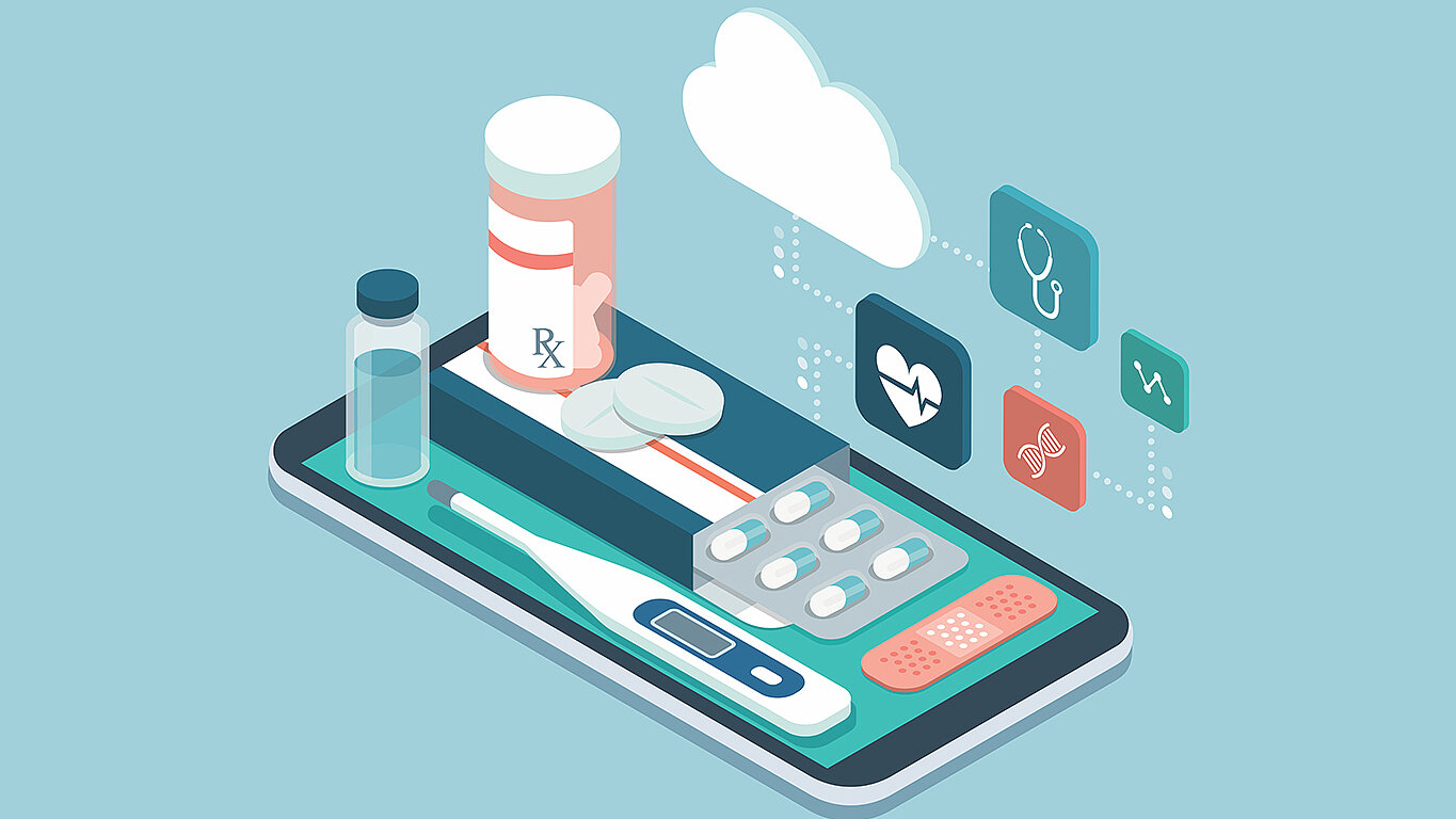 Illustration of a digital health platform featuring medication, diagnostics, and connected health data.