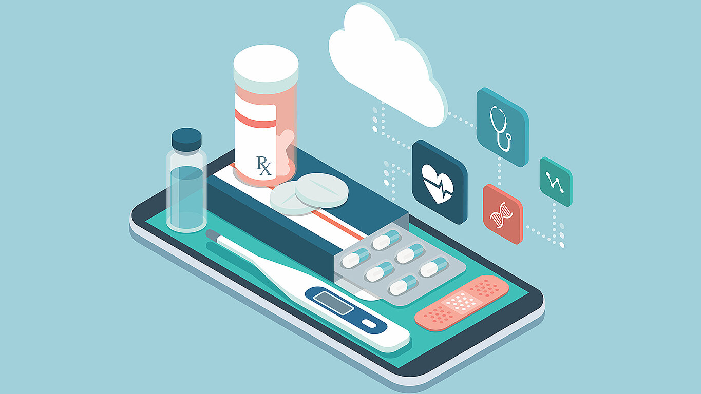 Illustration digitaler Gesundheitsversorgung mit Medikamenten, medizinischen Messgeräten und cloudbasierter Datenübertragung.