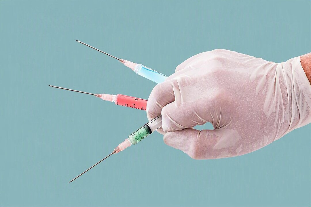 Gloved hand holding three syringes, symbolizing vaccinations and medical treatments.