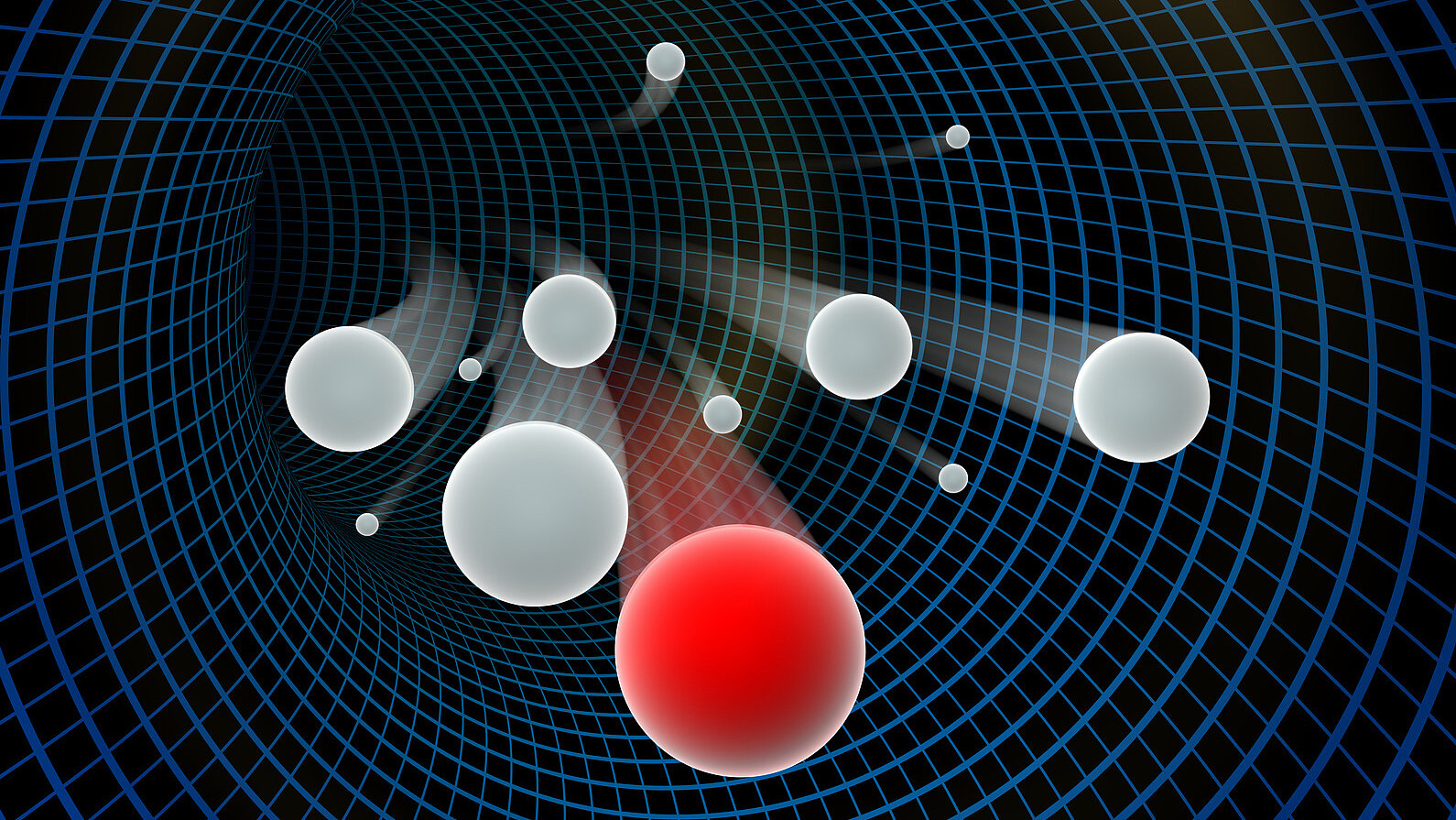 Abstract illustration of particles within a curved grid structure, representing quantum physics and scientific research.