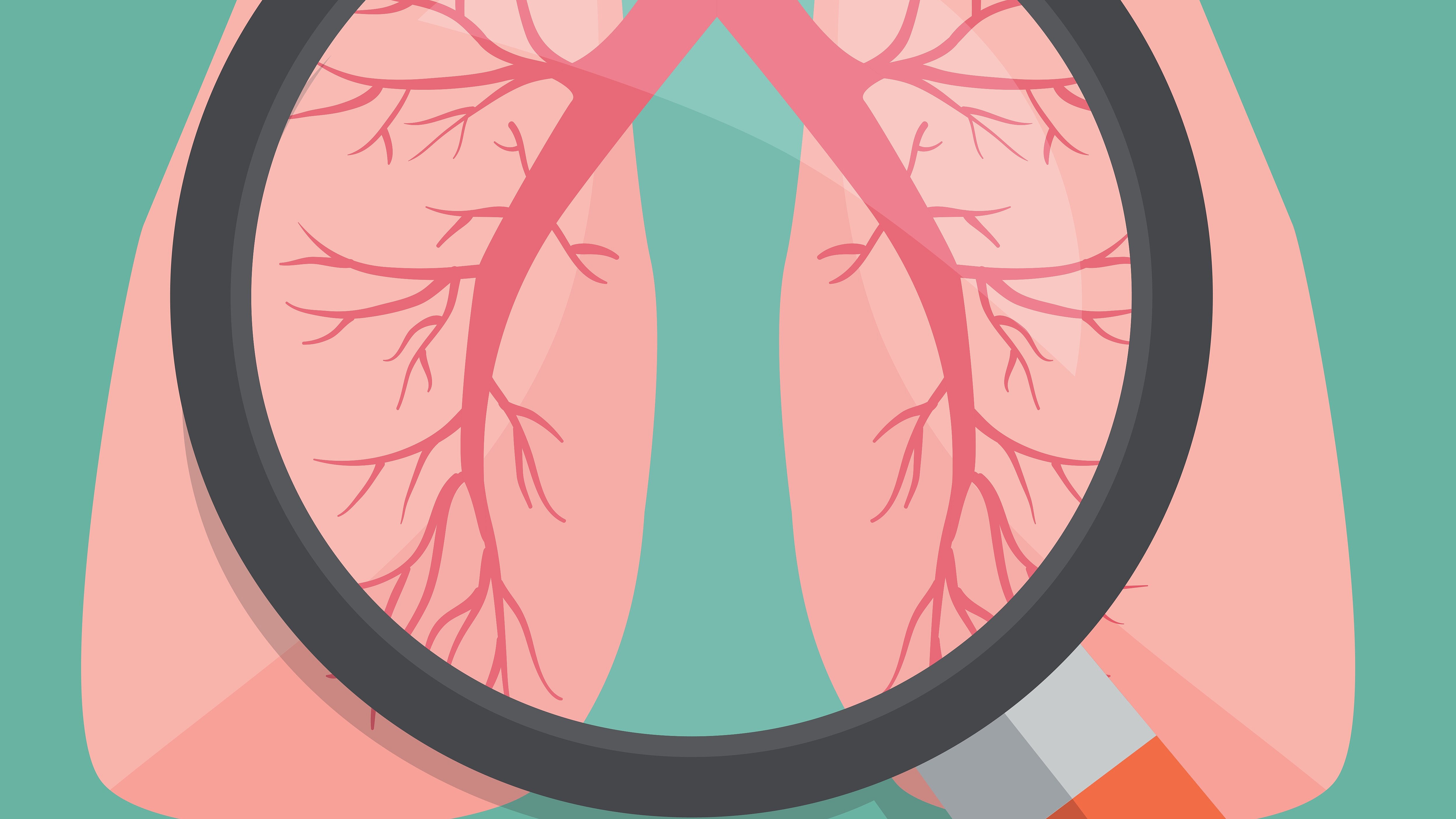 Illustration of lungs with a magnifying glass representing lung health, diagnosis, and early detection of respiratory diseases.
