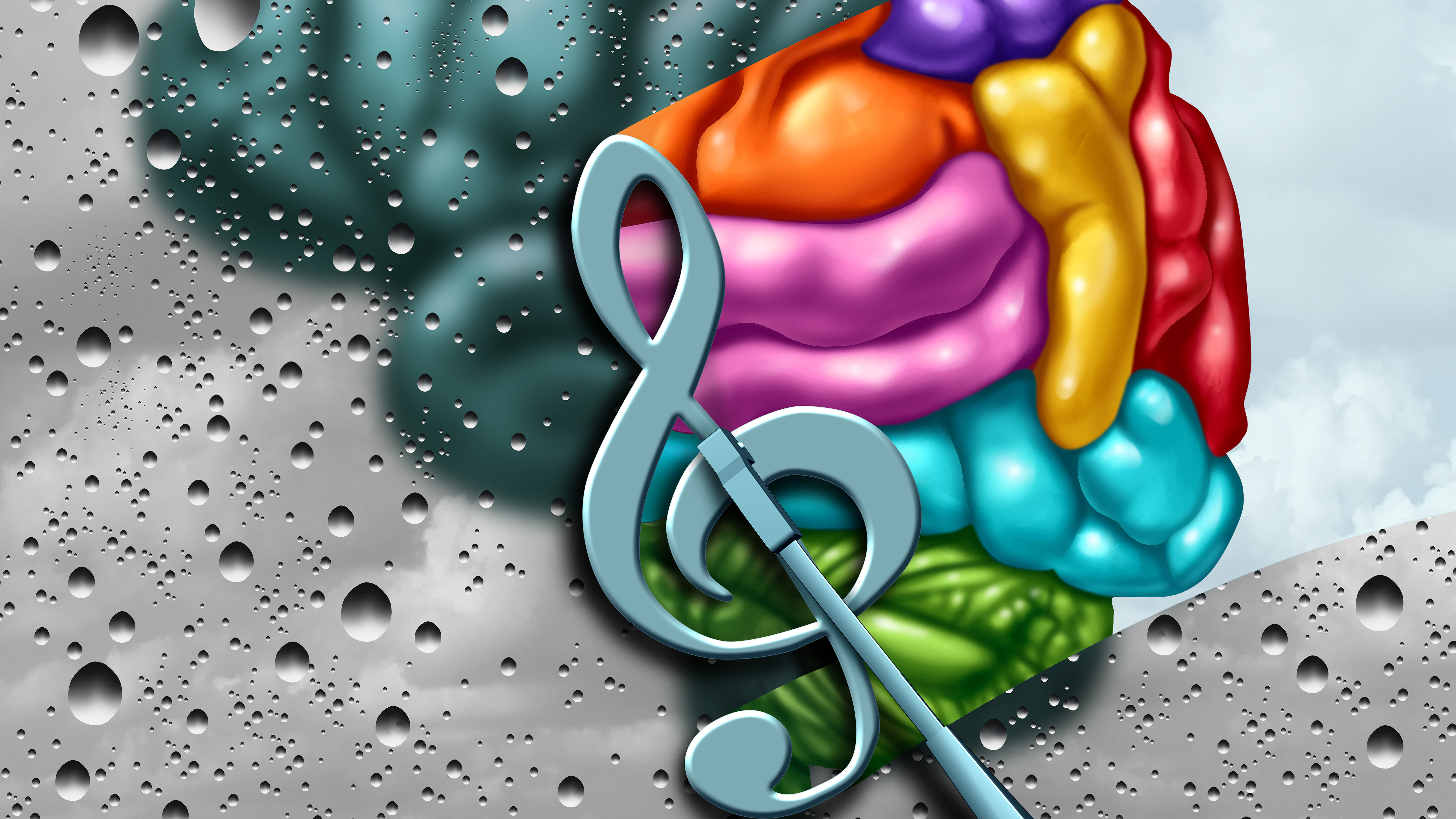 Illustration of a brain with musical symbols representing the relationship between music and brain function.
