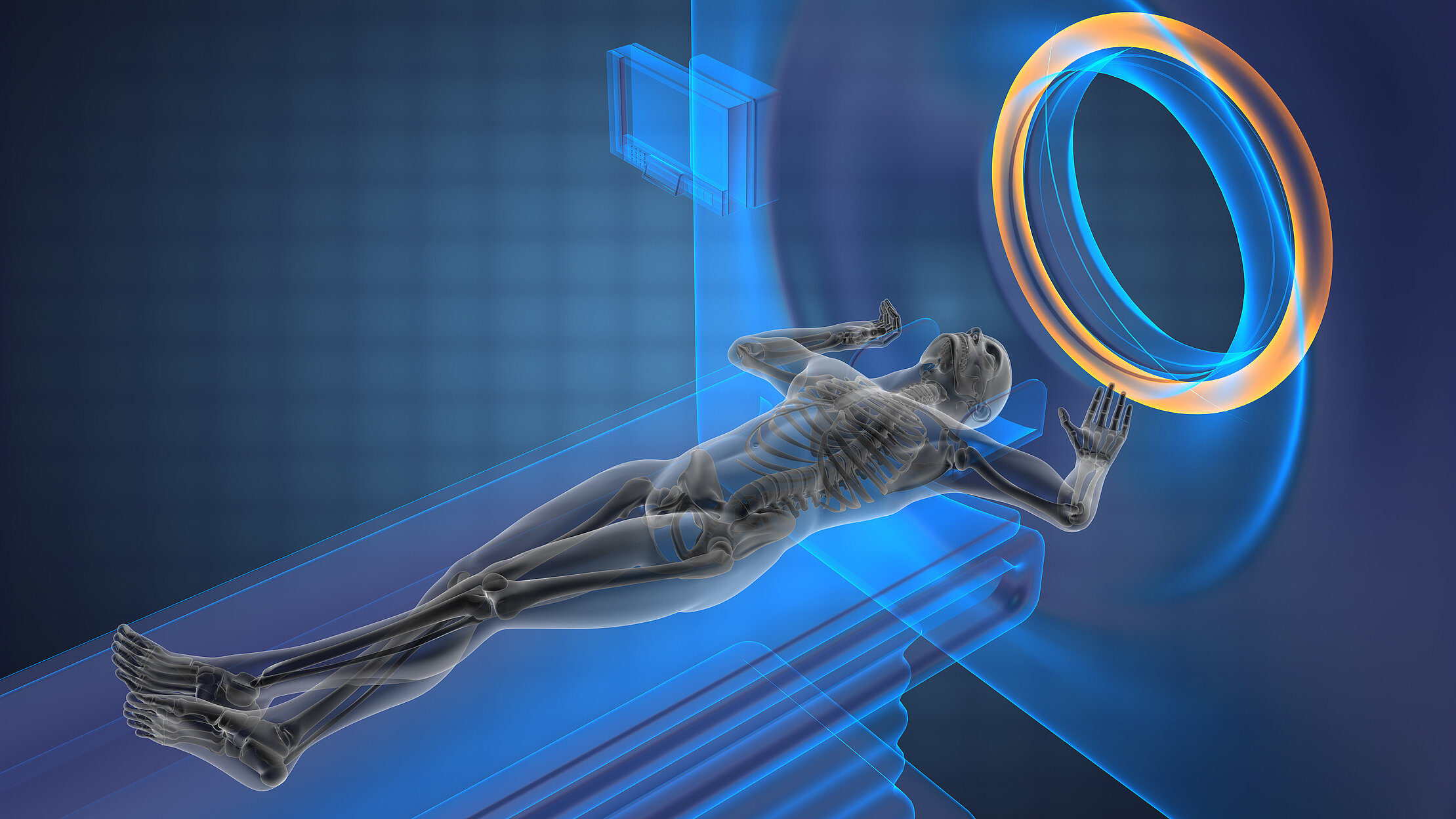 Medical illustration of a person inside an imaging scanner with the skeleton visible.