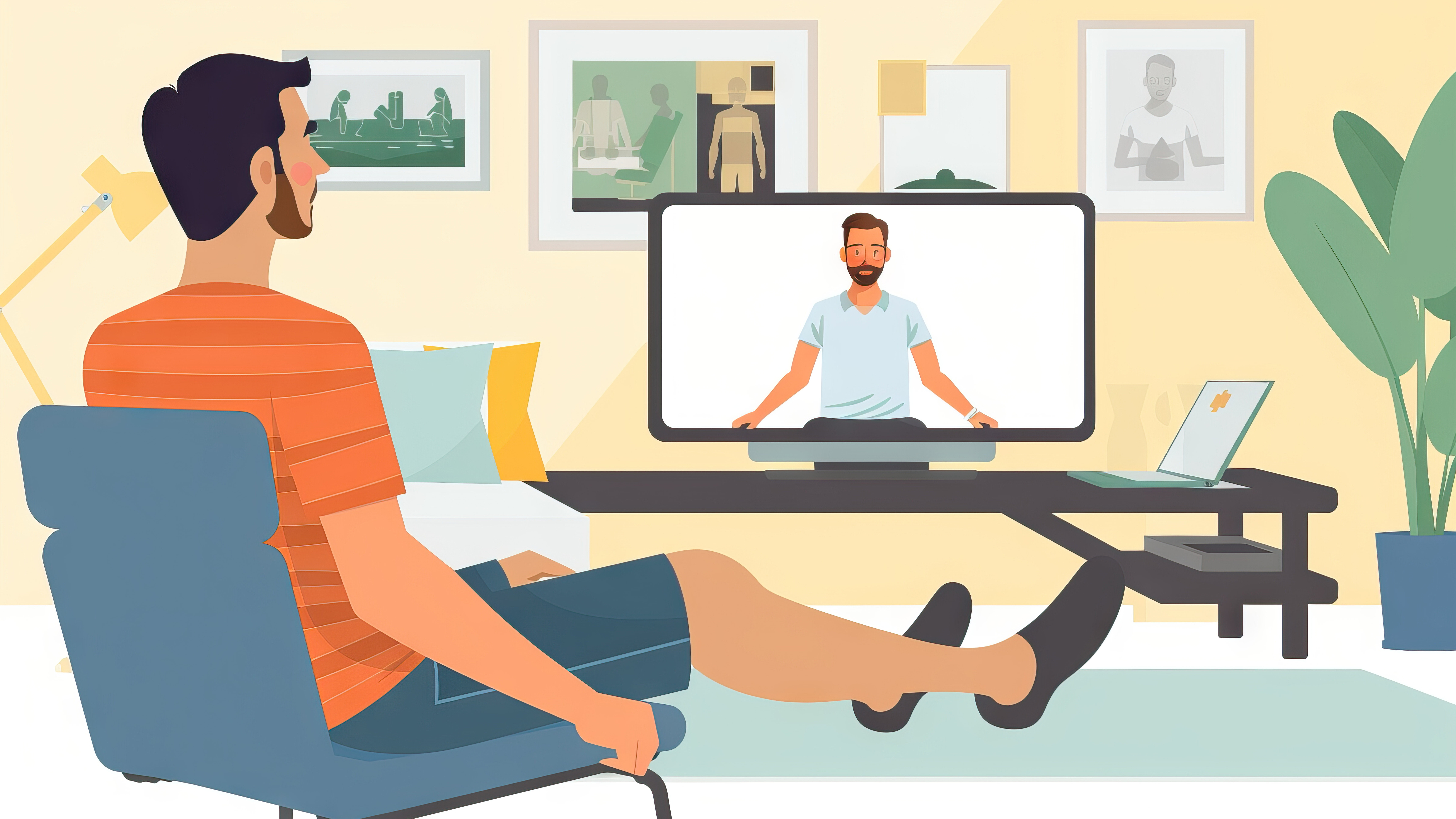 Illustration einer Person, die zu Hause in einem Sessel sitzt und über einen Bildschirm an einer virtuellen Gesundheits- oder Therapiesitzung teilnimmt. Auf dem Bildschirm ist eine weitere Person zu sehen. Die häusliche Umgebung umfasst Möbel, Pflanzen und Bilder an der Wand. Die Grafik symbolisiert Telemedizin, digitale Gesundheitsangebote, Fernbetreuung und Online-Konsultationen.