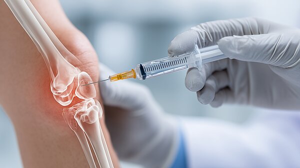 Spritze für eine intraartikuläre Injektion in ein Kniegelenk mit Osteoarthrose.