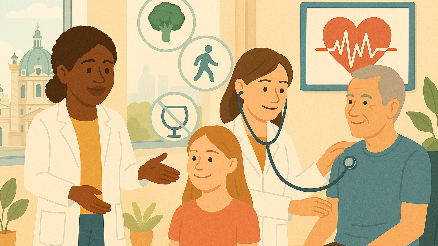 Illustration of a healthcare consultation in a medical setting. Two healthcare professionals provide care to a child and an older adult. Background icons represent healthy nutrition, physical activity, alcohol avoidance, and heart health. The image conveys themes of prevention, health promotion, and patient-centered care across different stages of life.