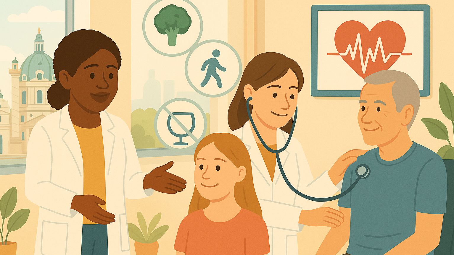 Illustration einer medizinischen Beratungssituation in einer Gesundheitseinrichtung. Zwei medizinische Fachkräfte betreuen ein Kind und eine ältere Person. Im Hintergrund sind Symbole für gesunde Ernährung, körperliche Aktivität, Alkoholverzicht und Herzgesundheit zu sehen. Die Darstellung vermittelt Prävention, Gesundheitsförderung und patientenzentrierte Versorgung über verschiedene Lebensphasen hinweg.