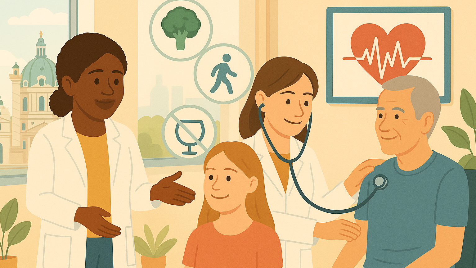 Illustration of a healthcare consultation in a medical setting. Two healthcare professionals provide care to a child and an older adult. Background icons represent healthy nutrition, physical activity, alcohol avoidance, and heart health. The image conveys themes of prevention, health promotion, and patient-centered care across different stages of life.