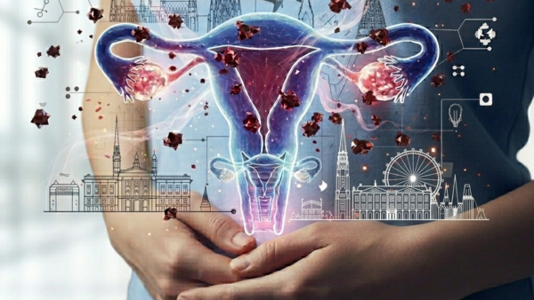 Grafische Darstellung der weiblichen Fortpflanzungsorgane mit symbolischen Elementen zu Frauengesundheit, gynäkologischen Erkrankungen sowie Forschung und Versorgung.